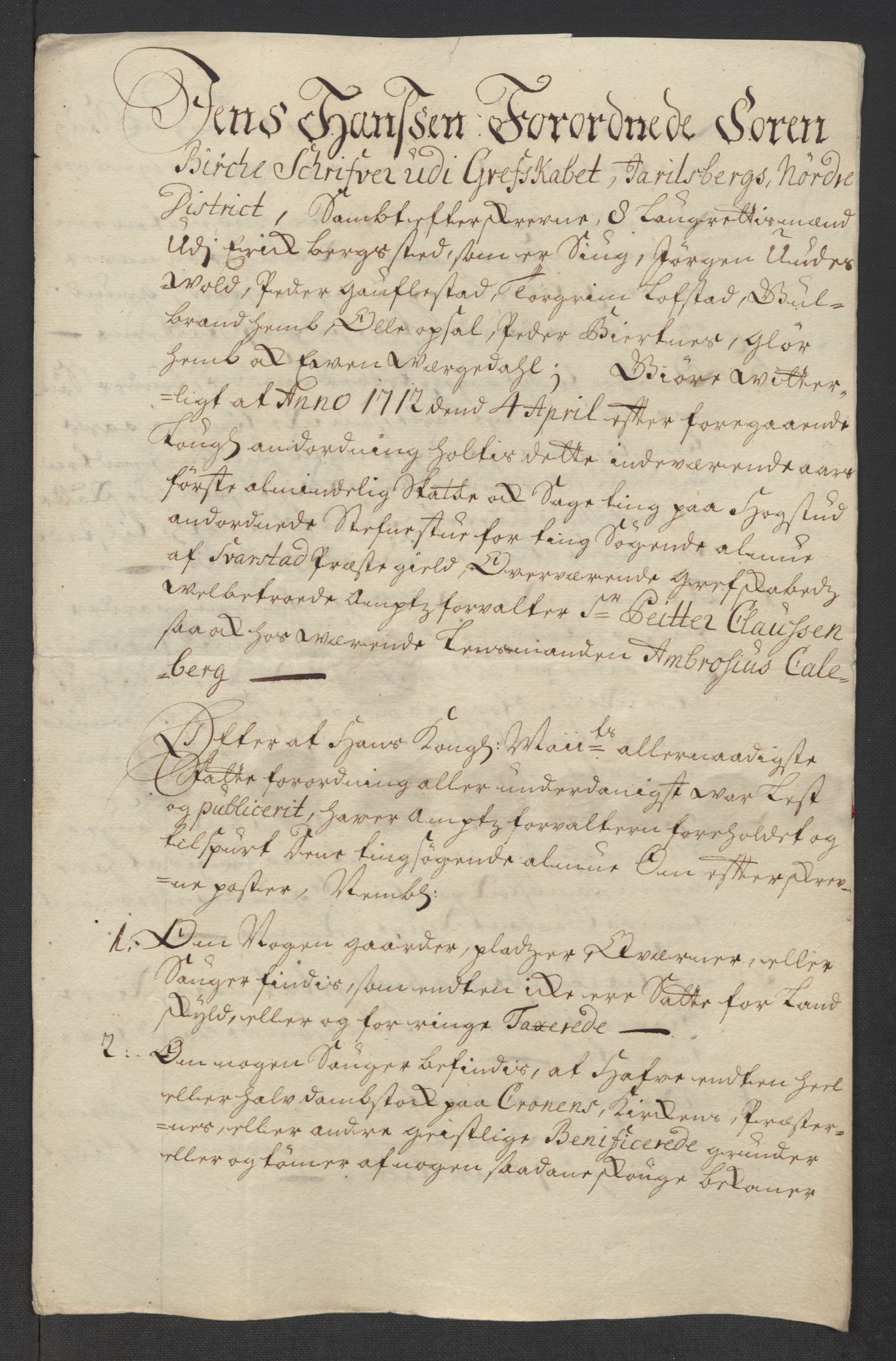 Rentekammeret inntil 1814, Reviderte regnskaper, Fogderegnskap, AV/RA-EA-4092/R32/L1877: Fogderegnskap Jarlsberg grevskap, 1712, p. 136