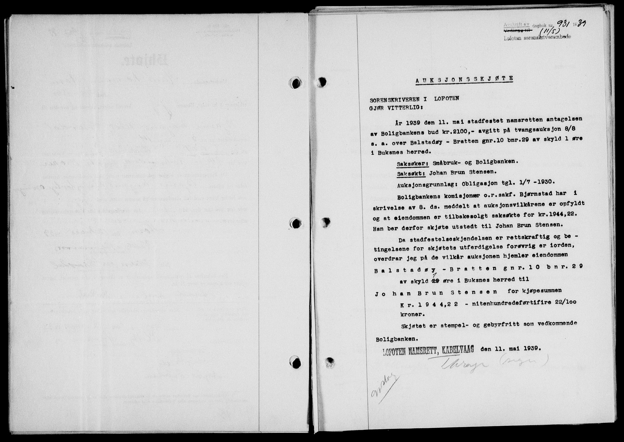 Lofoten sorenskriveri, SAT/A-0017/1/2/2C/L0005a: Mortgage book no. 5a, 1939-1939, Diary no: : 931/1939