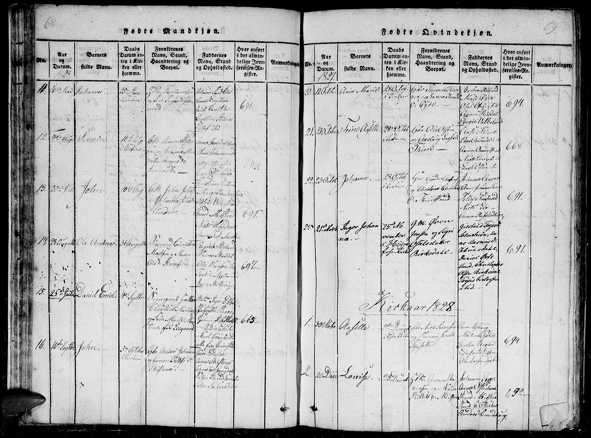 Hommedal sokneprestkontor, SAK/1111-0023/F/Fb/Fbb/L0003: Parish register (copy) no. B 3 /1, 1816-1850, p. 68-69