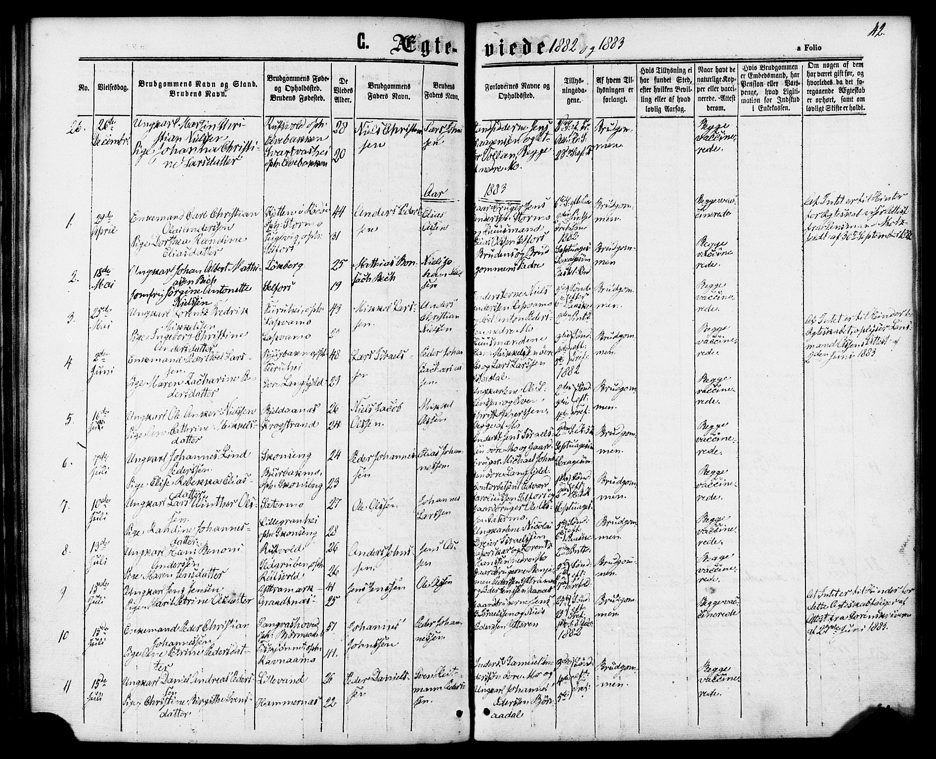 Ministerialprotokoller, klokkerbøker og fødselsregistre - Nordland, AV/SAT-A-1459/827/L0395: Parish register (official) no. 827A07, 1864-1886, p. 42