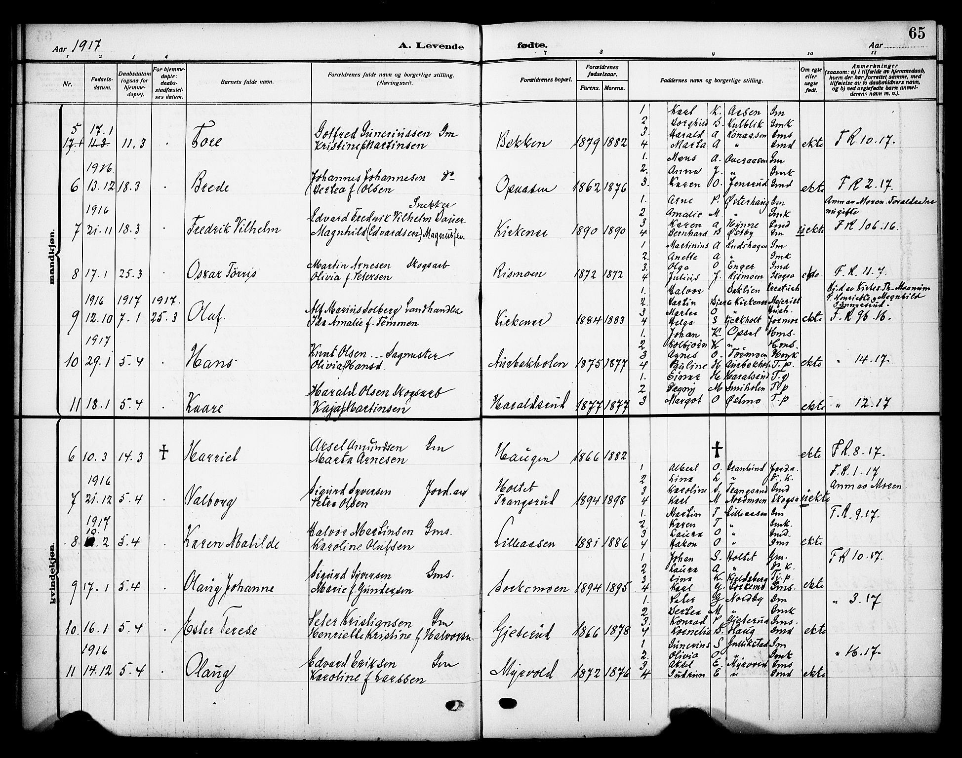 Grue prestekontor, AV/SAH-PREST-036/H/Ha/Haa/L0015: Parish register (official) no. 15, 1911-1922, p. 65