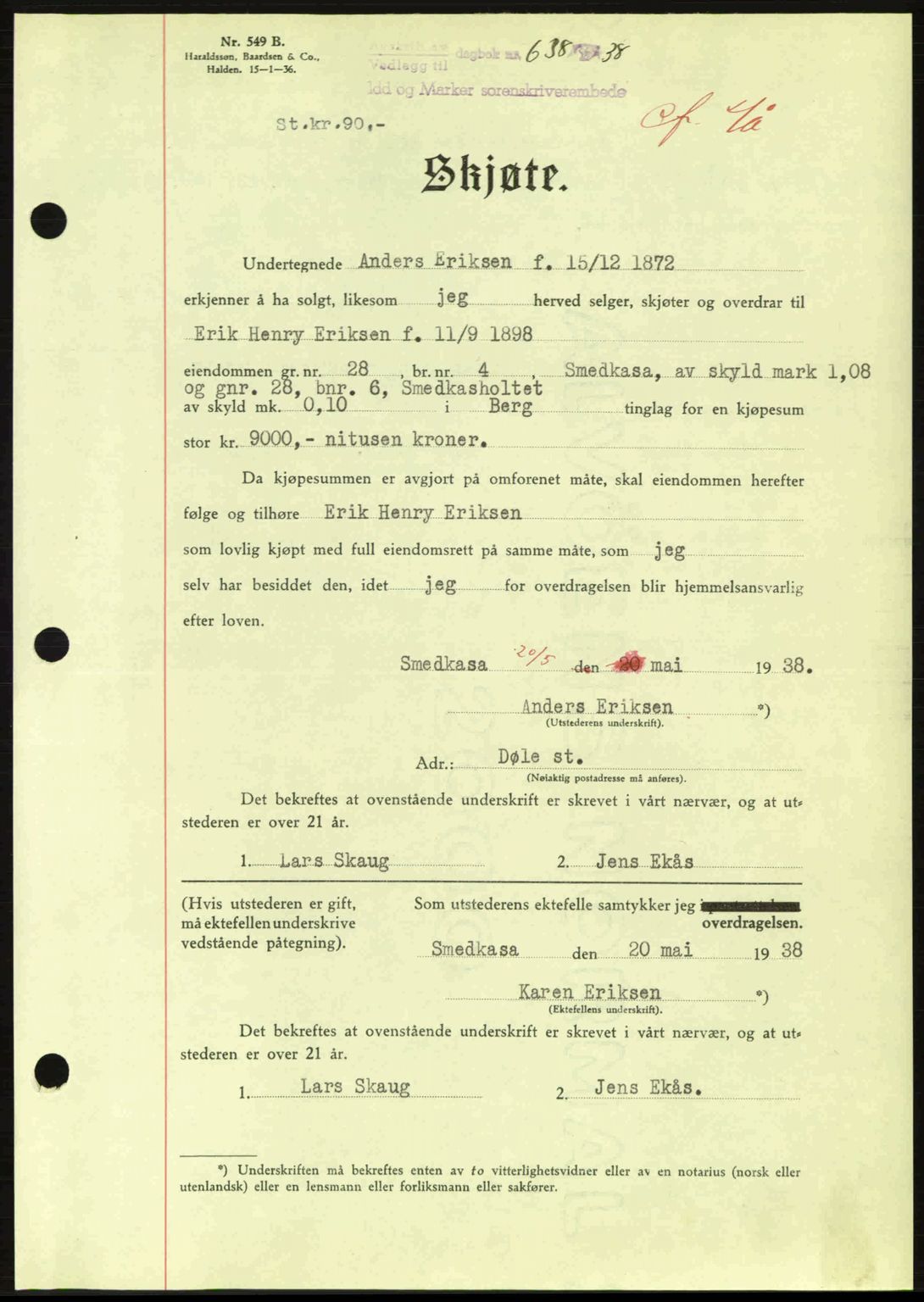 Idd og Marker sorenskriveri, AV/SAO-A-10283/G/Gb/Gbb/L0002: Mortgage book no. A2, 1937-1938, Diary no: : 638/1938