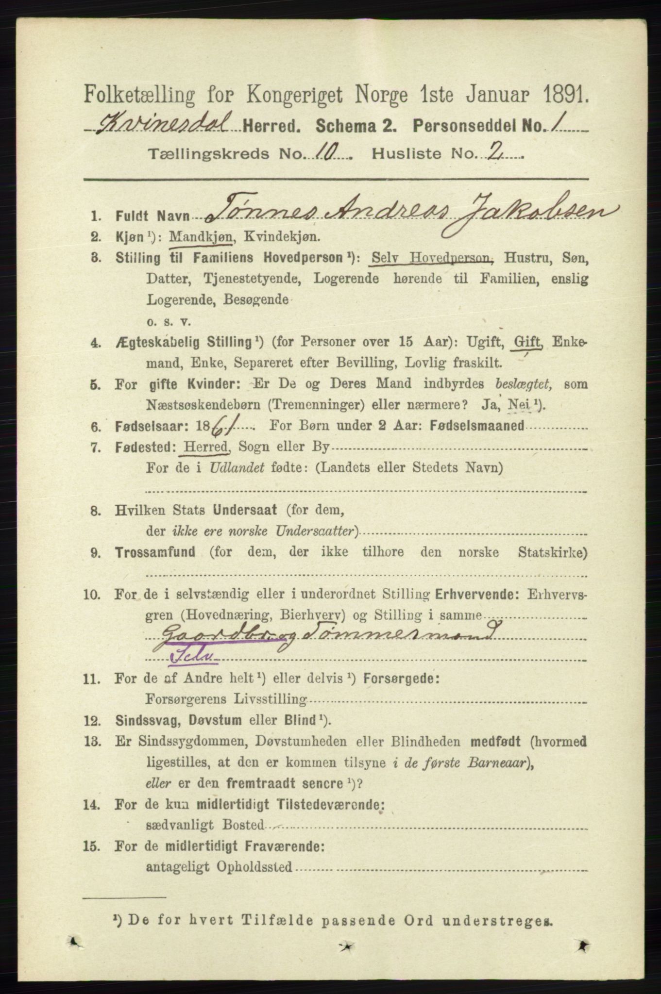 RA, 1891 census for 1037 Kvinesdal, 1891, p. 3862