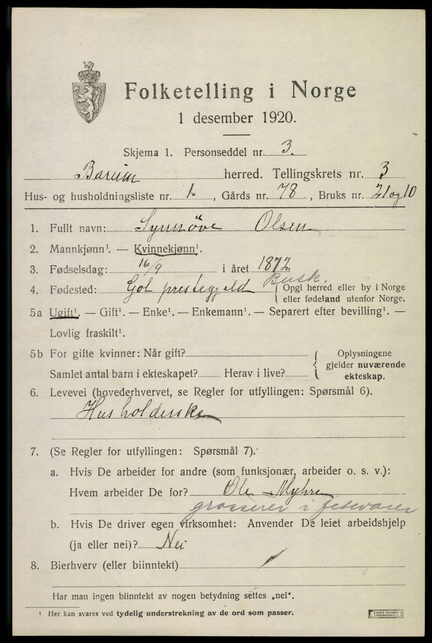 SAO, 1920 census for Bærum, 1920, p. 7244