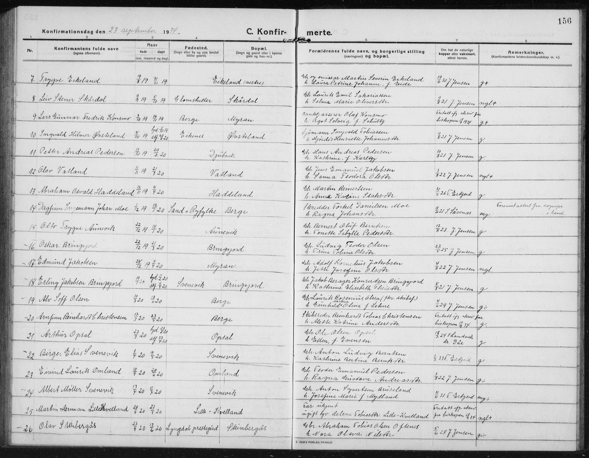 Lyngdal sokneprestkontor, AV/SAK-1111-0029/F/Fb/Fbc/L0006: Parish register (copy) no. B 6, 1914-1934, p. 156