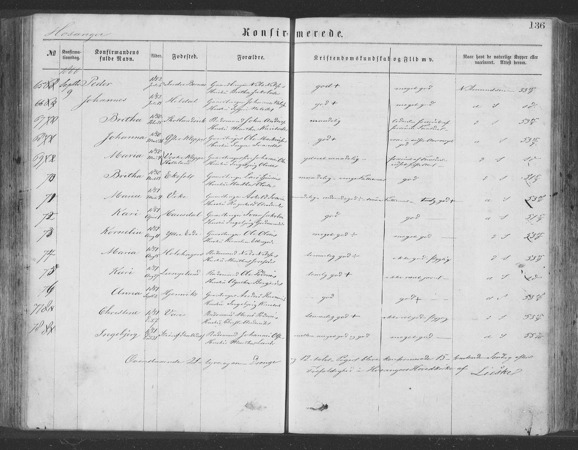 Hosanger sokneprestembete, SAB/A-75801/H/Haa: Parish register (official) no. A 9, 1864-1876, p. 136