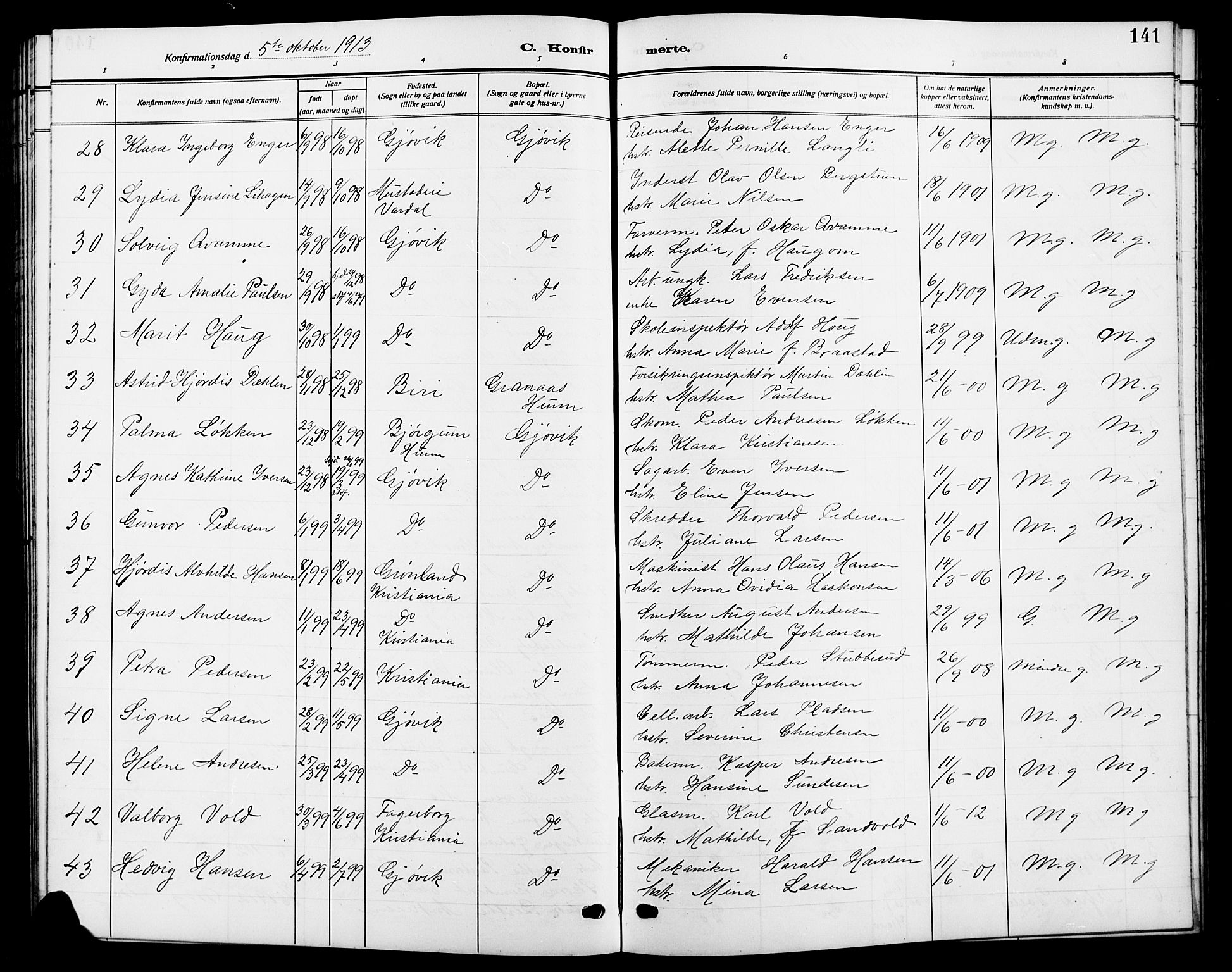 Vardal prestekontor, SAH/PREST-100/H/Ha/Hab/L0014: Parish register (copy) no. 14, 1911-1922, p. 141