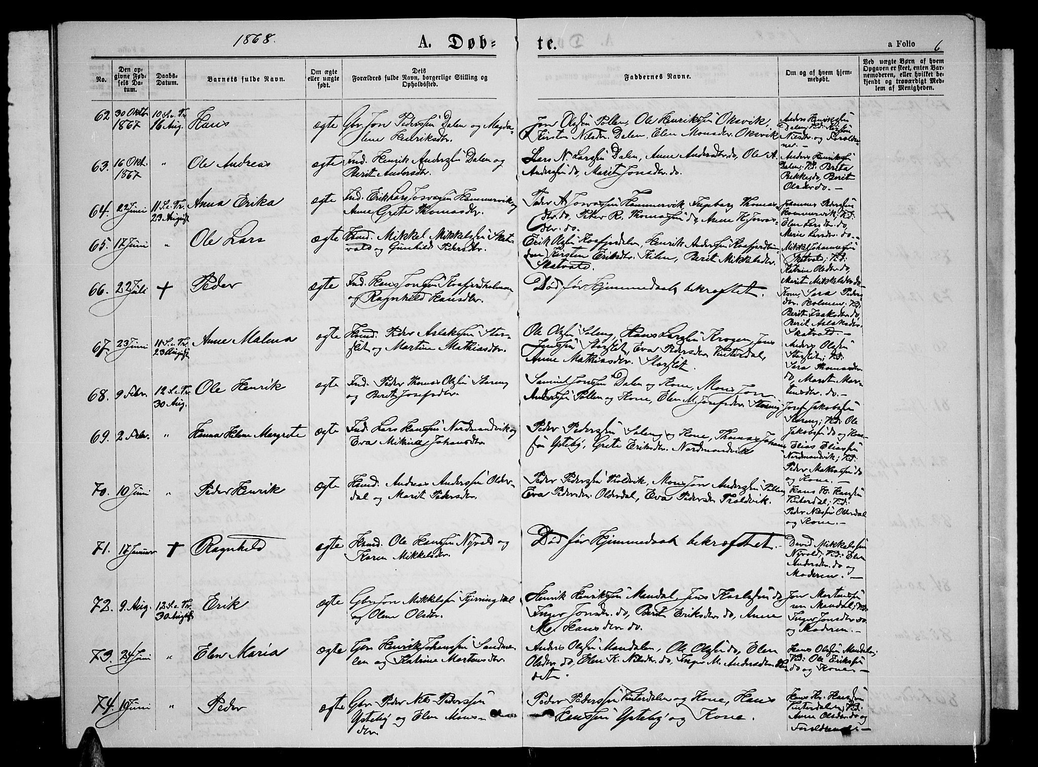 Lyngen sokneprestembete, AV/SATØ-S-1289/H/He/Heb/L0004klokker: Parish register (copy) no. 4, 1868-1878, p. 6