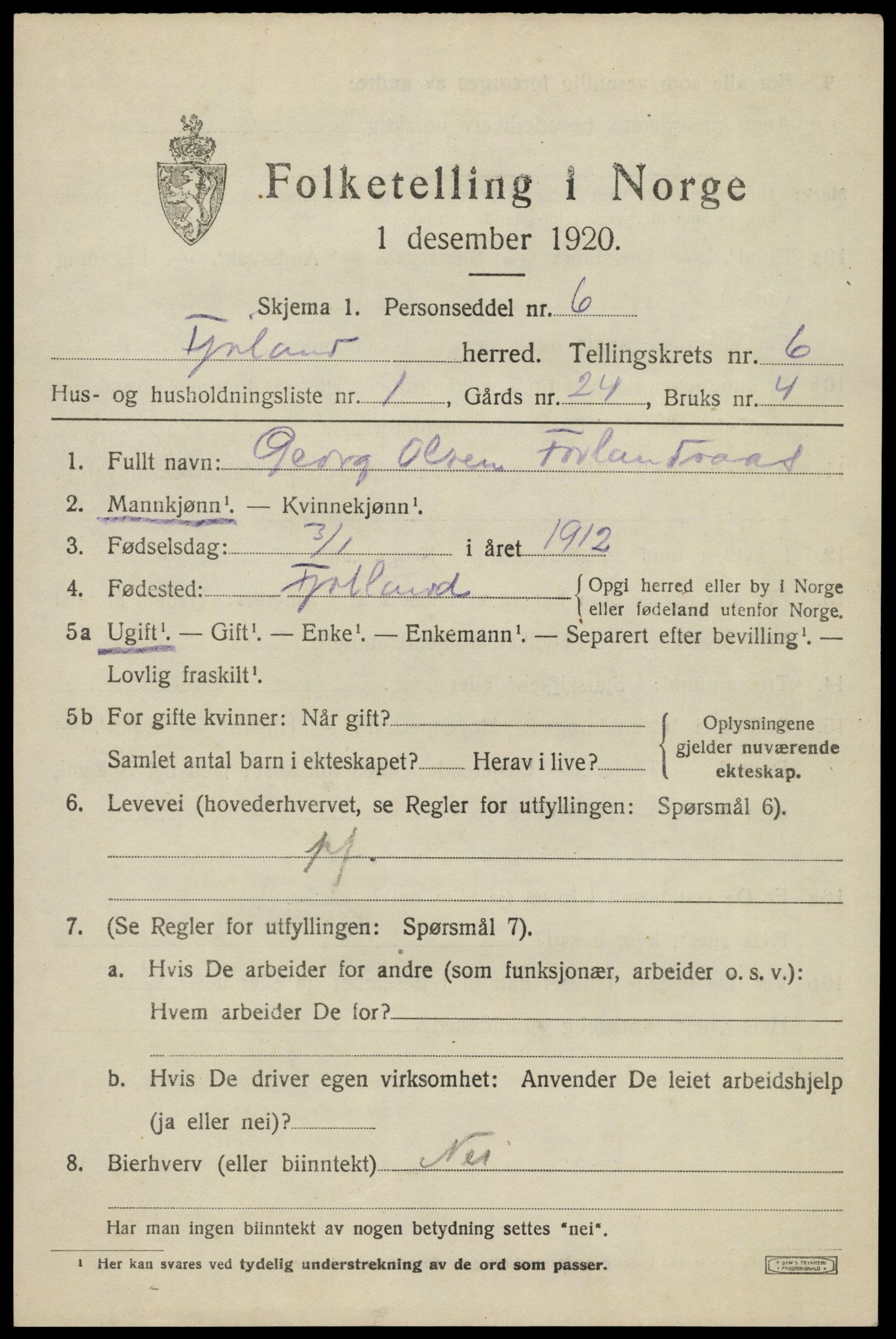 SAK, 1920 census for Fjotland, 1920, p. 1616