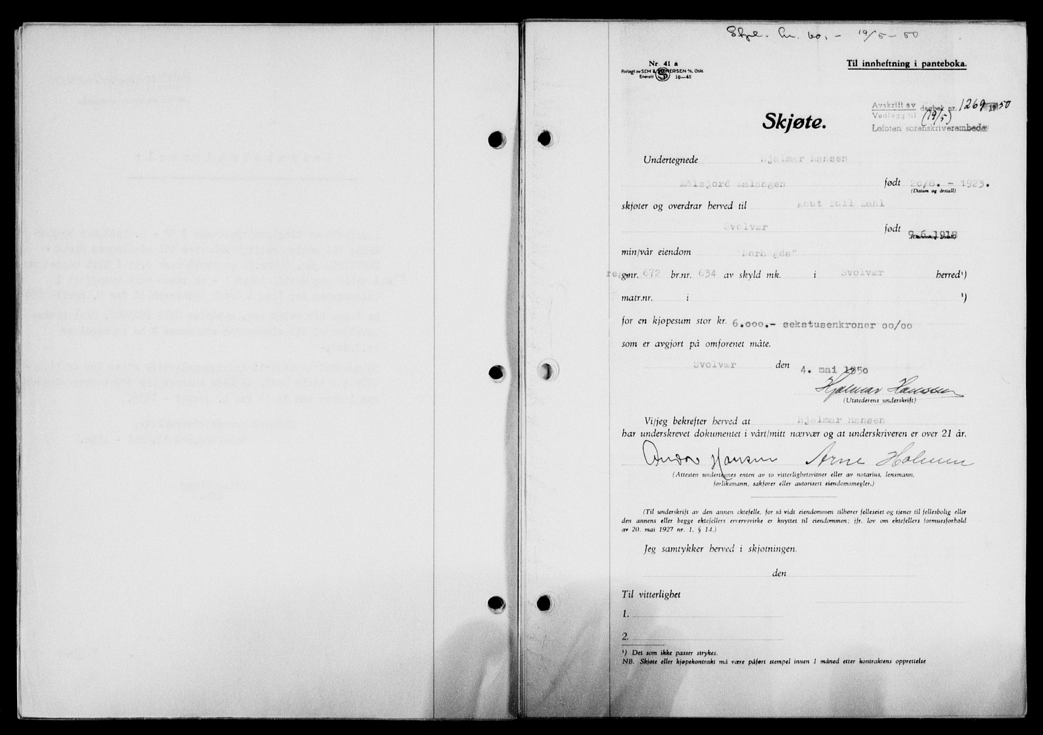 Lofoten sorenskriveri, SAT/A-0017/1/2/2C/L0023a: Mortgage book no. 23a, 1950-1950, Diary no: : 1269/1950