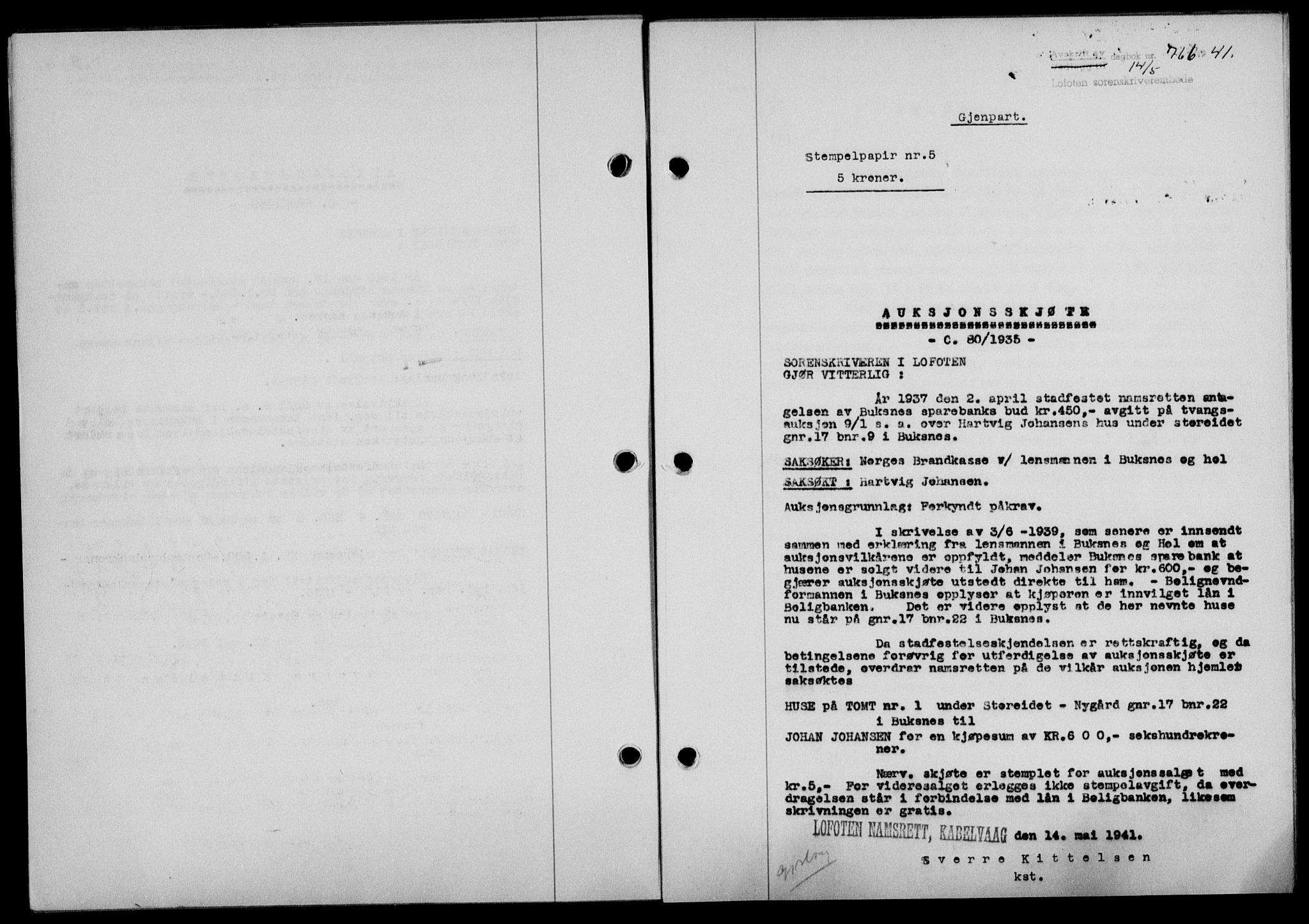 Lofoten sorenskriveri, SAT/A-0017/1/2/2C/L0008a: Mortgage book no. 8a, 1940-1941, Diary no: : 766/1941
