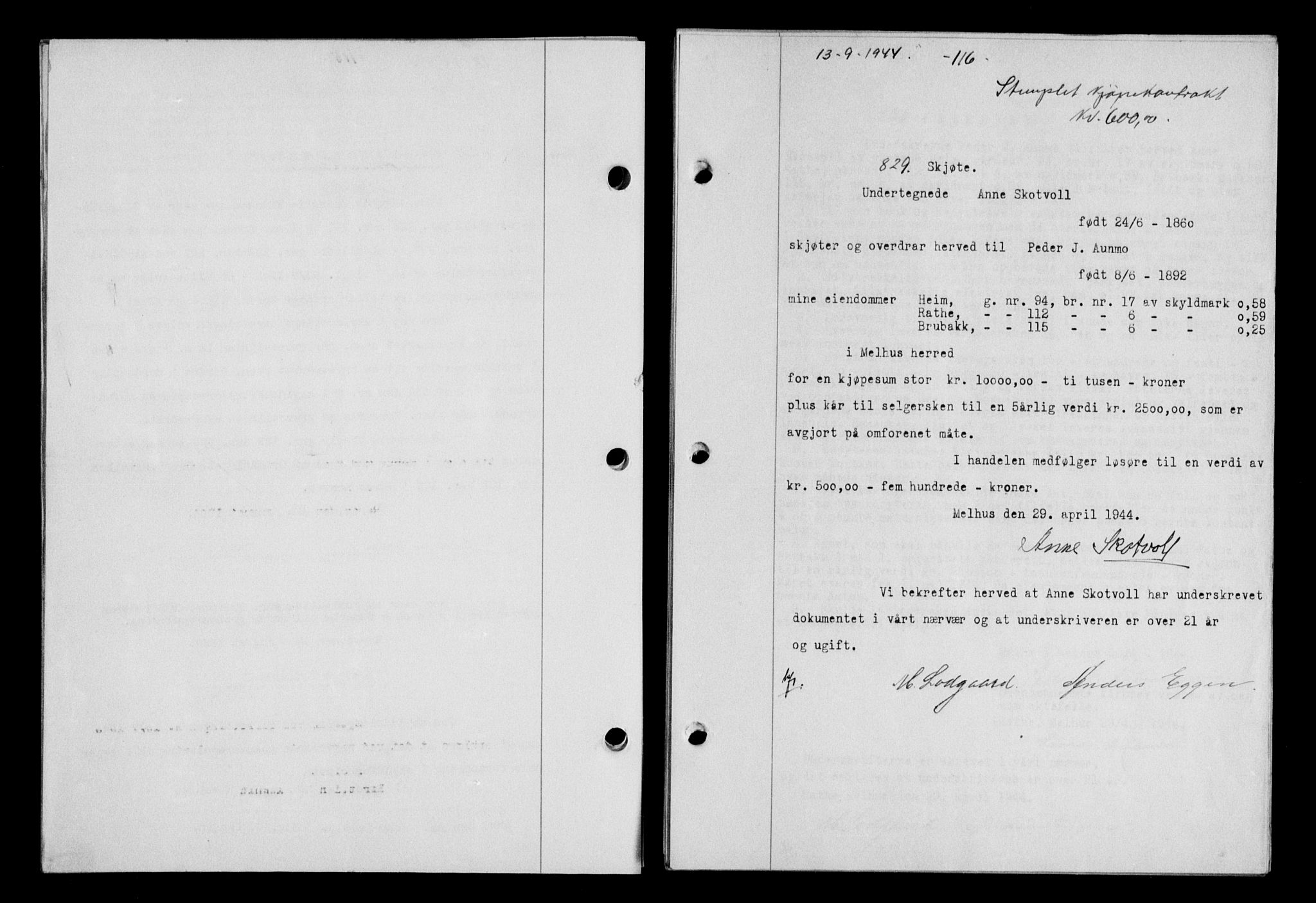 Gauldal sorenskriveri, SAT/A-0014/1/2/2C/L0058: Mortgage book no. 63, 1944-1945, Diary no: : 829/1944