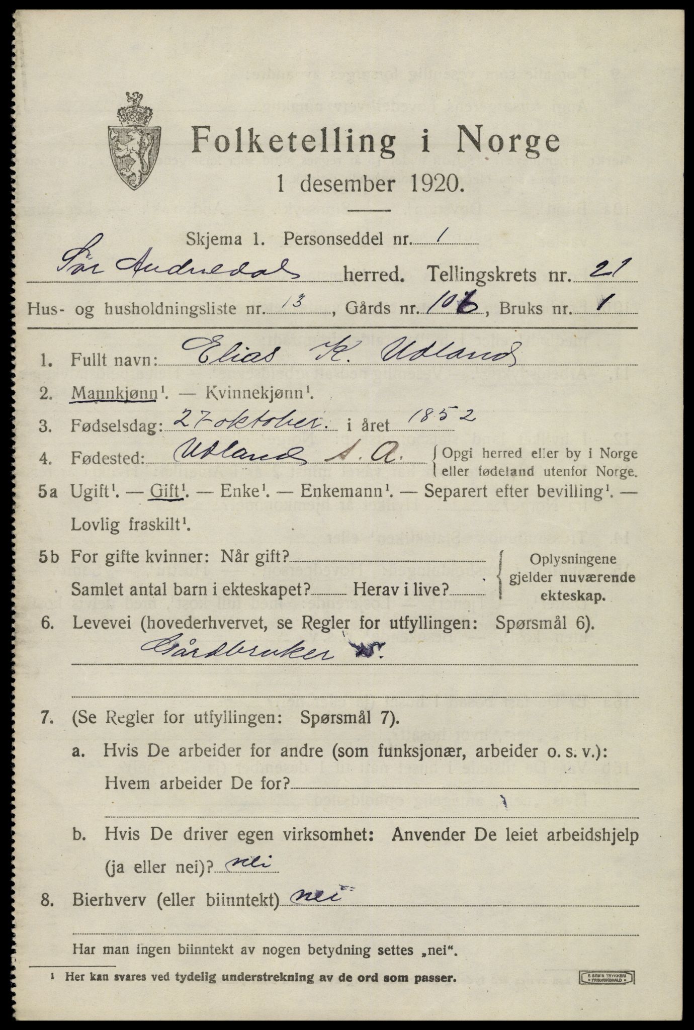 SAK, 1920 census for Sør-Audnedal, 1920, p. 7003