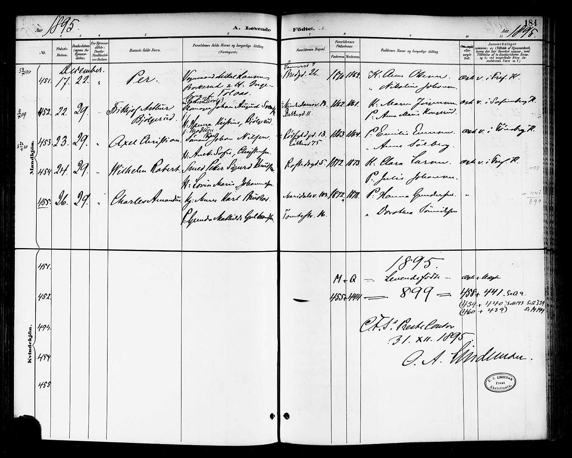 Rikshospitalet prestekontor Kirkebøker, AV/SAO-A-10309b/F/L0009: Parish register (official) no. 9, 1894-1897, p. 184