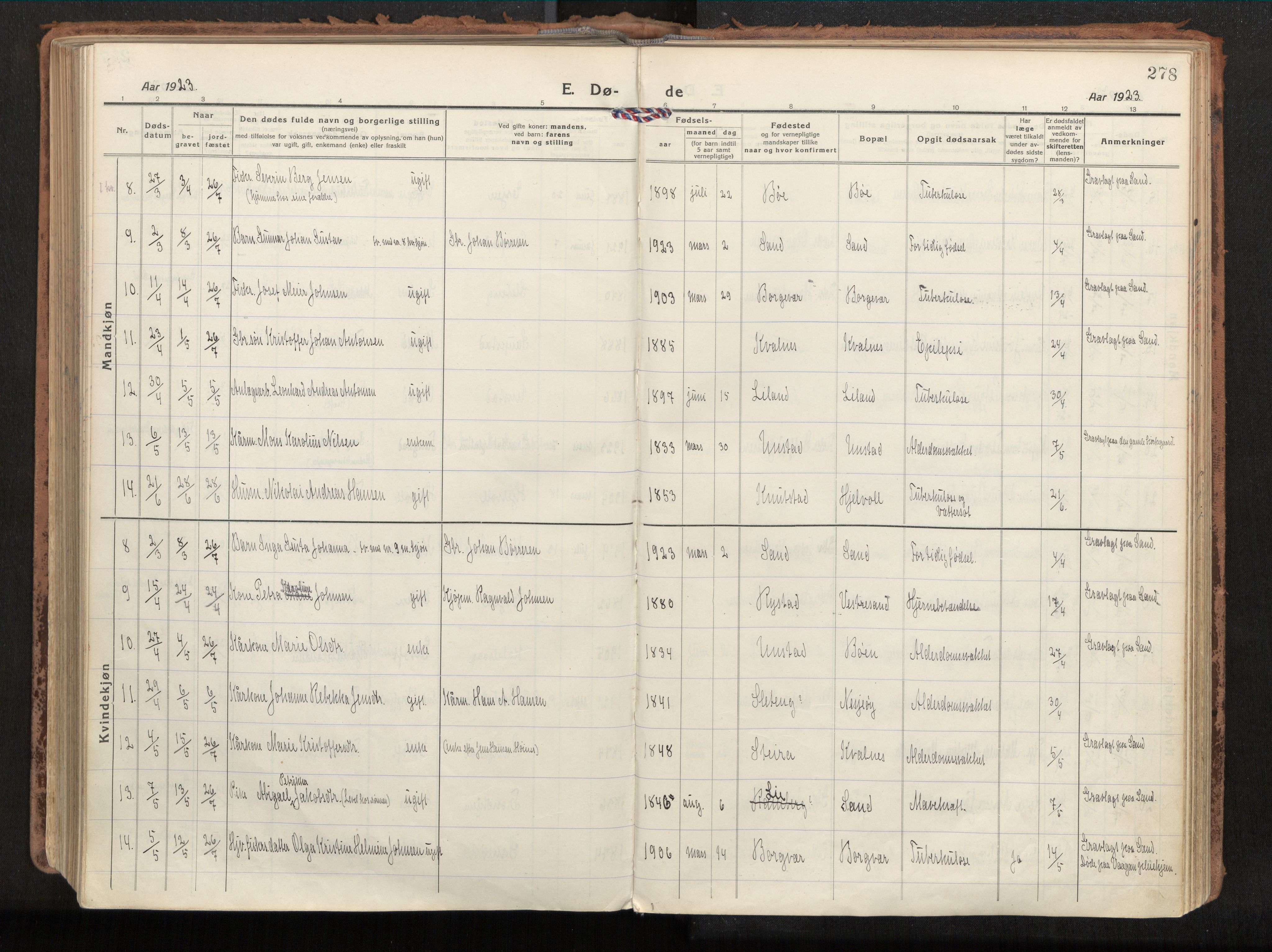 Ministerialprotokoller, klokkerbøker og fødselsregistre - Nordland, SAT/A-1459/880/L1136: Parish register (official) no. 880A10, 1919-1927, p. 278