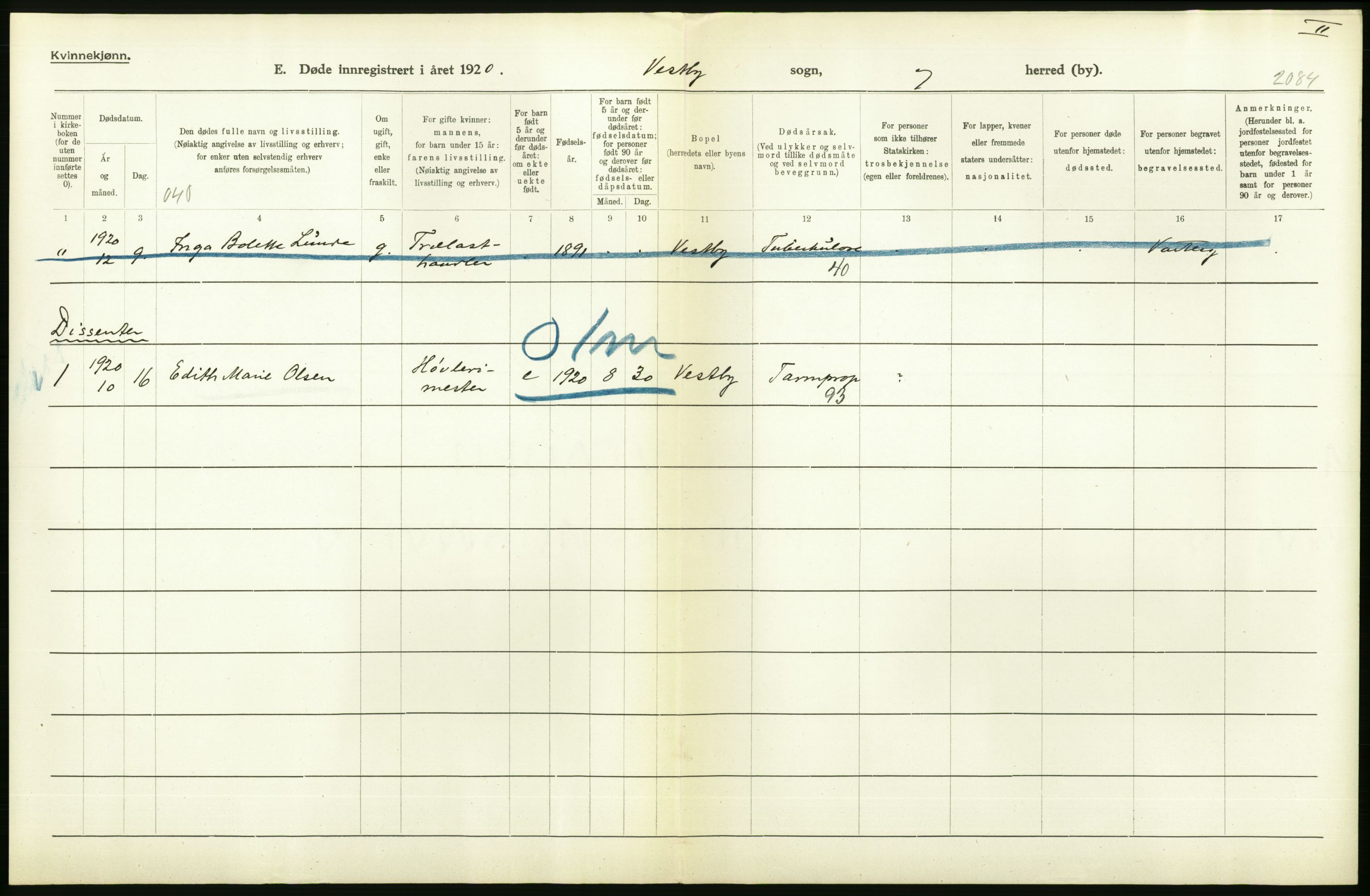 Statistisk sentralbyrå, Sosiodemografiske emner, Befolkning, RA/S-2228/D/Df/Dfb/Dfbj/L0007: Akershus fylke: Døde. Bygder og byer., 1920, p. 254