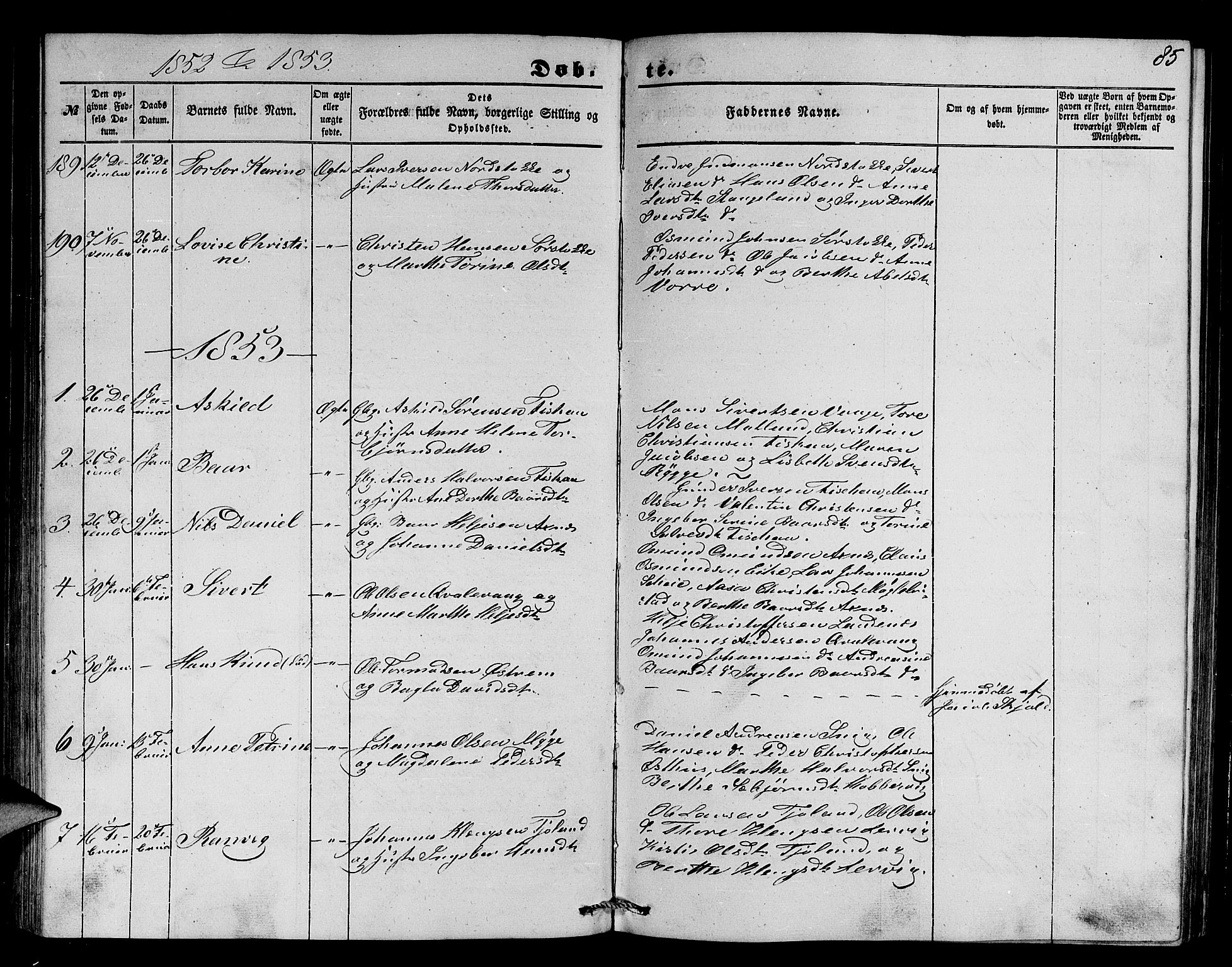 Avaldsnes sokneprestkontor, SAST/A -101851/H/Ha/Hab/L0002: Parish register (copy) no. B 2, 1848-1856, p. 85