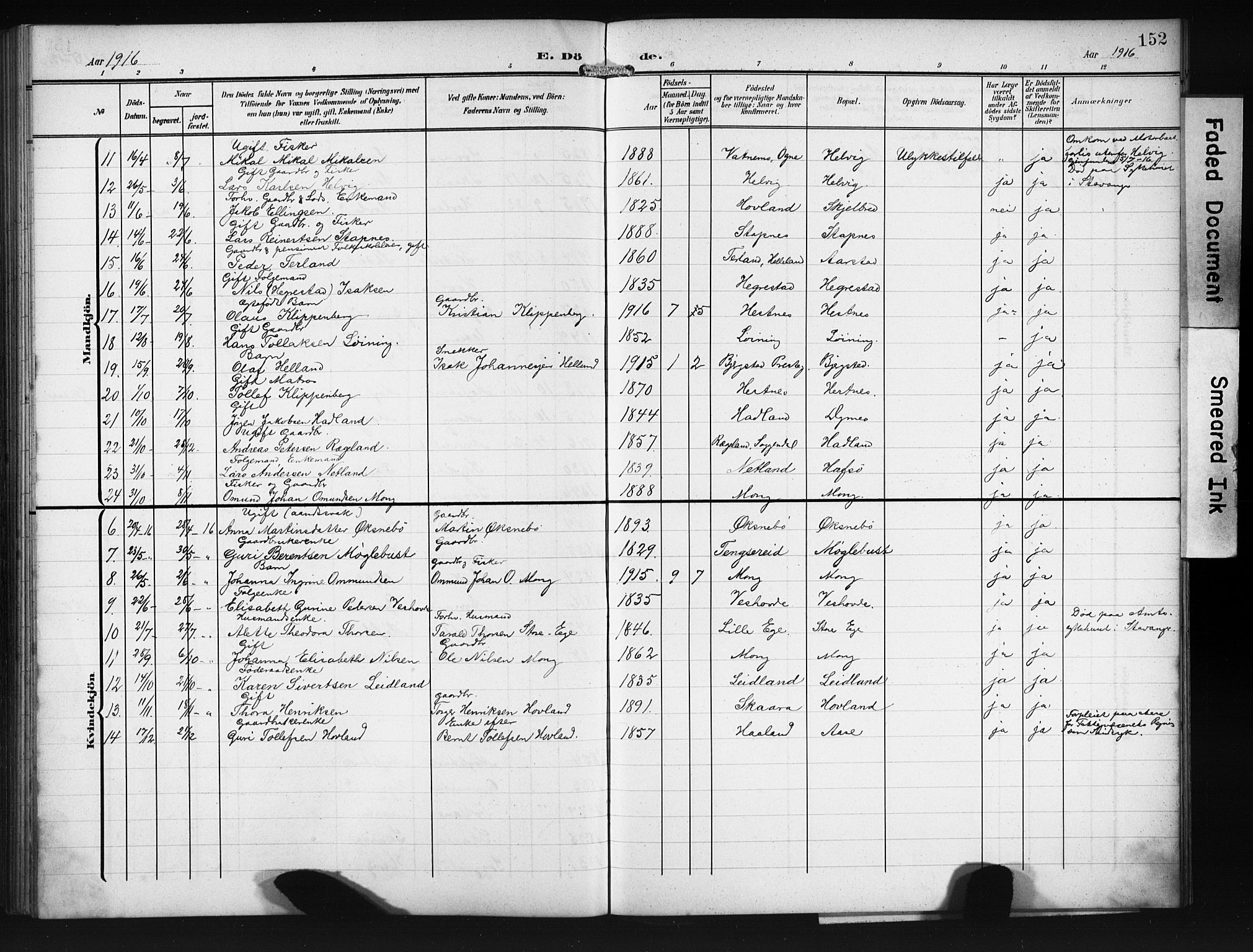 Eigersund sokneprestkontor, AV/SAST-A-101807/001/30/30BB/L0011: Parish register (copy) no. B 11, 1908-1930, p. 152