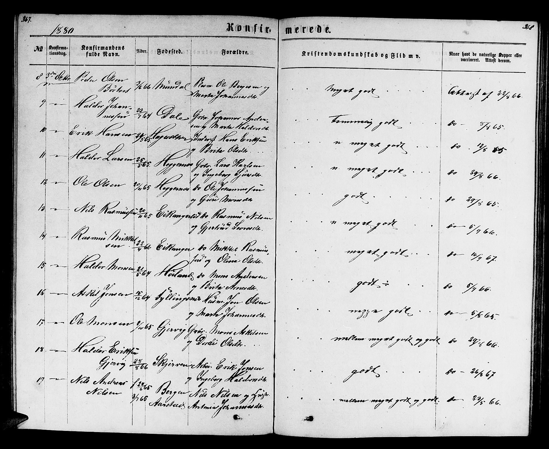 Hamre sokneprestembete, SAB/A-75501/H/Ha/Hab: Parish register (copy) no. B 2, 1863-1880, p. 367-368