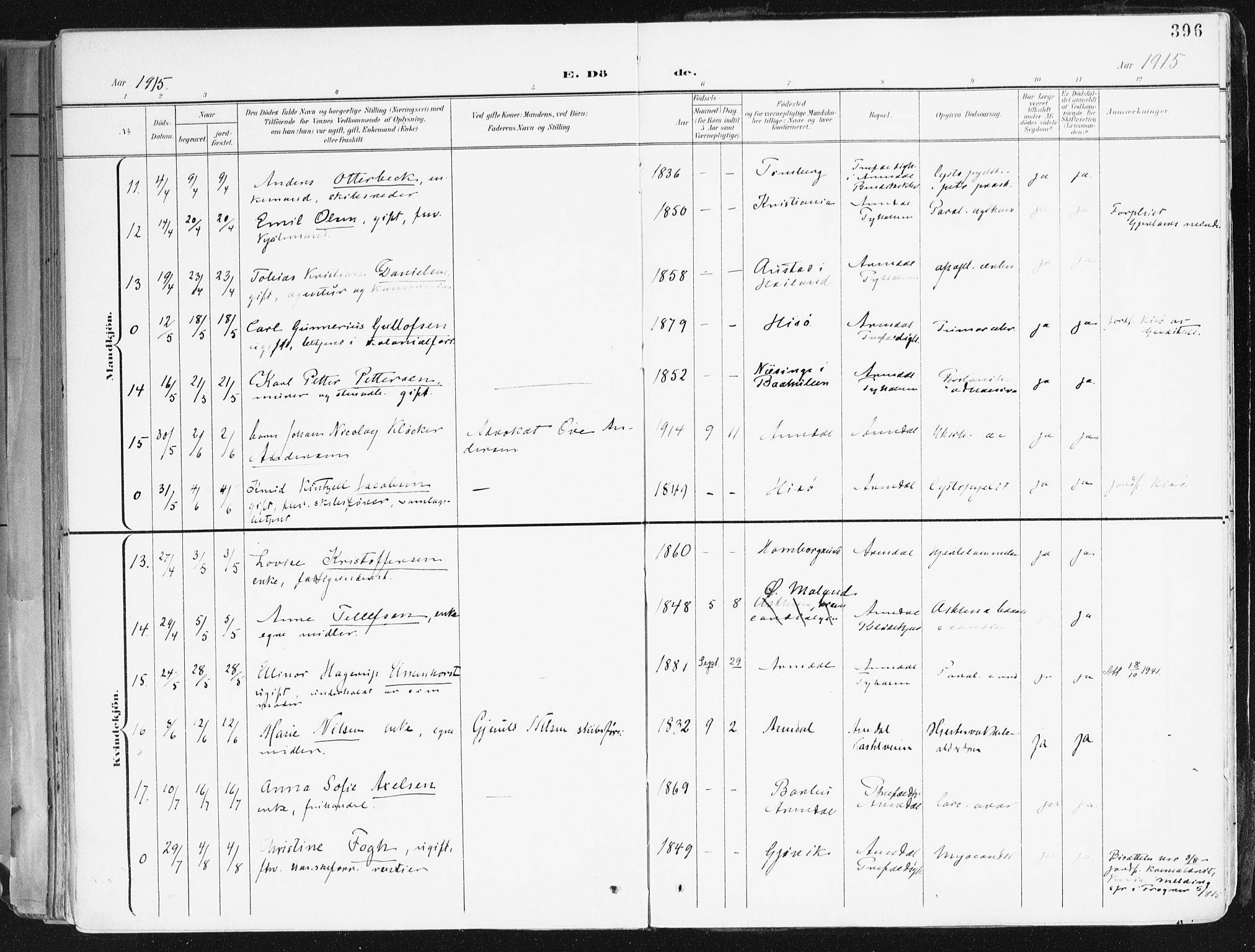 Arendal sokneprestkontor, Trefoldighet, AV/SAK-1111-0040/F/Fa/L0010: Parish register (official) no. A 10, 1900-1919, p. 396