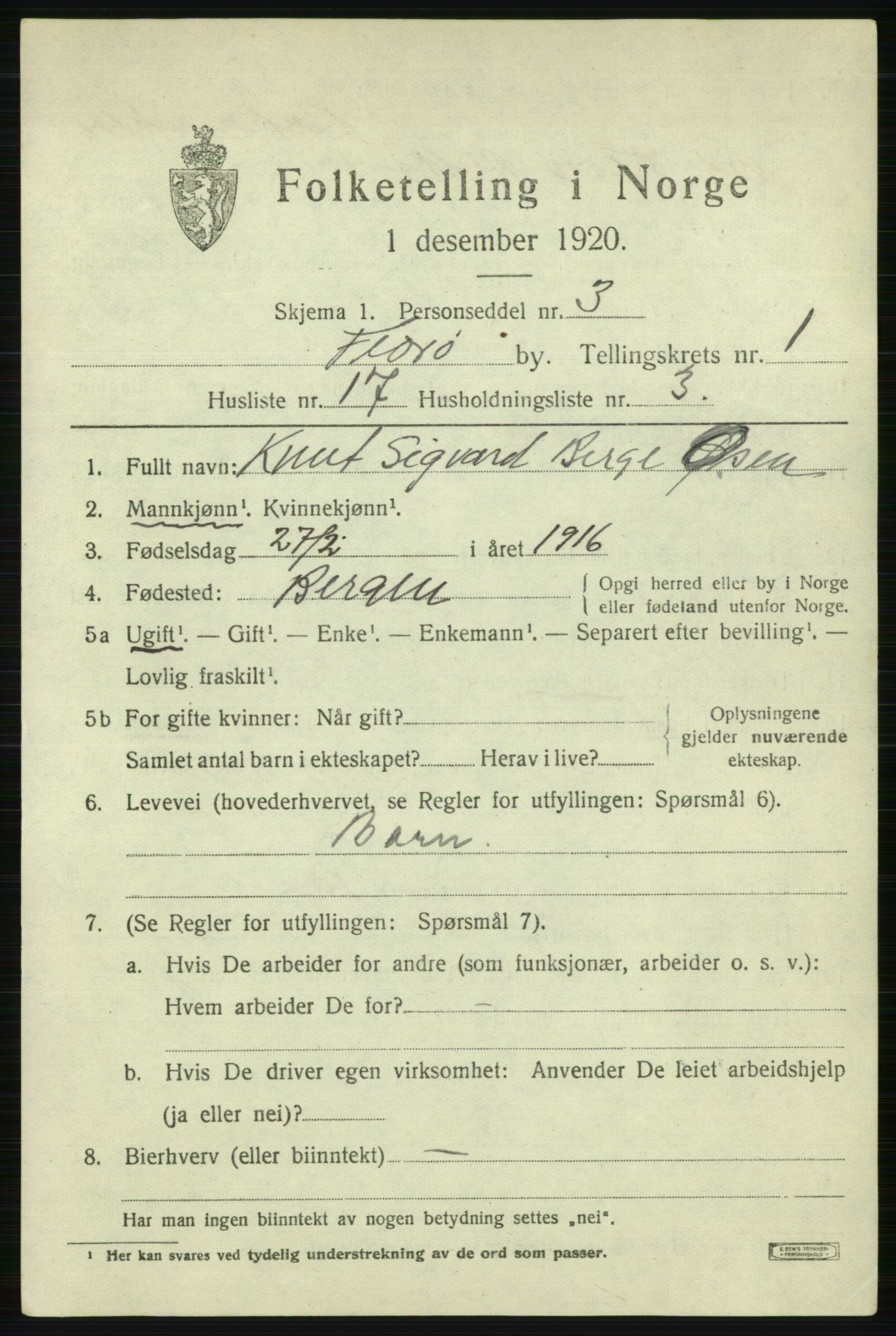SAB, 1920 census for Florø, 1920, p. 1402