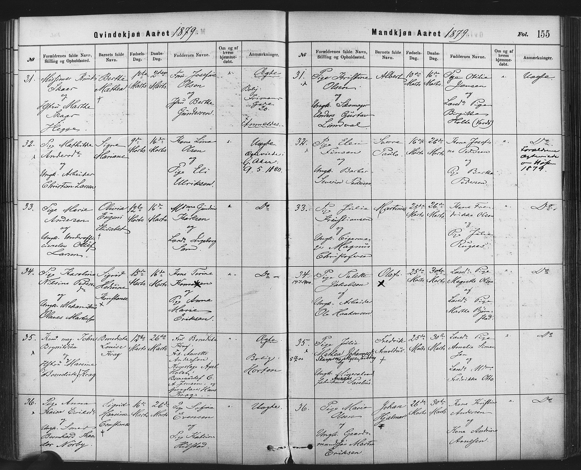 Rikshospitalet prestekontor Kirkebøker, SAO/A-10309b/F/L0006: Parish register (official) no. 6, 1871-1885, p. 155