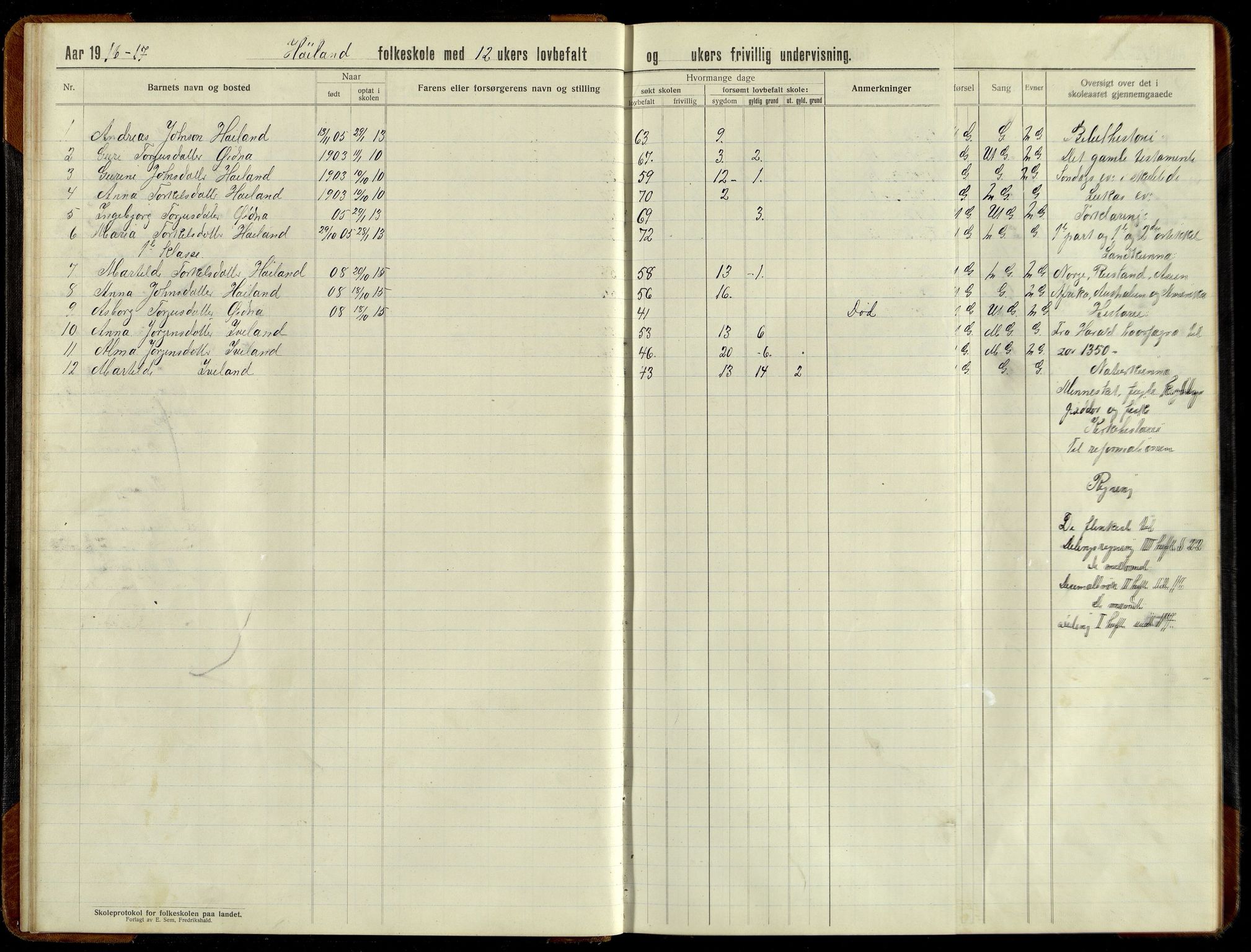 Grindheim kommune - Høyland Skolekrets, IKAV/1027GR551/H/L0002: Skoleprotokoll (d), 1913-1956