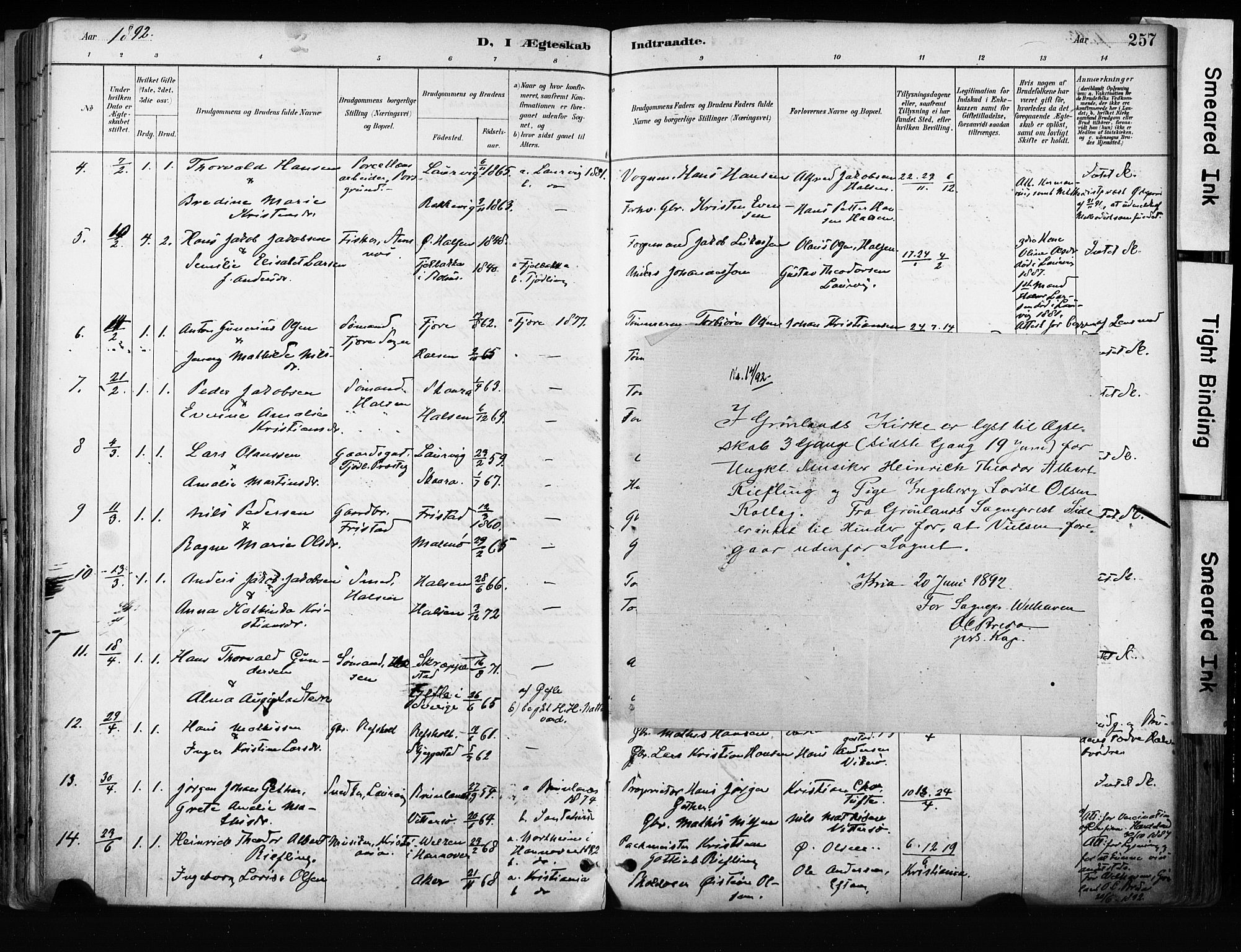 Tjølling kirkebøker, SAKO/A-60/F/Fa/L0009: Parish register (official) no. 9, 1887-1905, p. 257