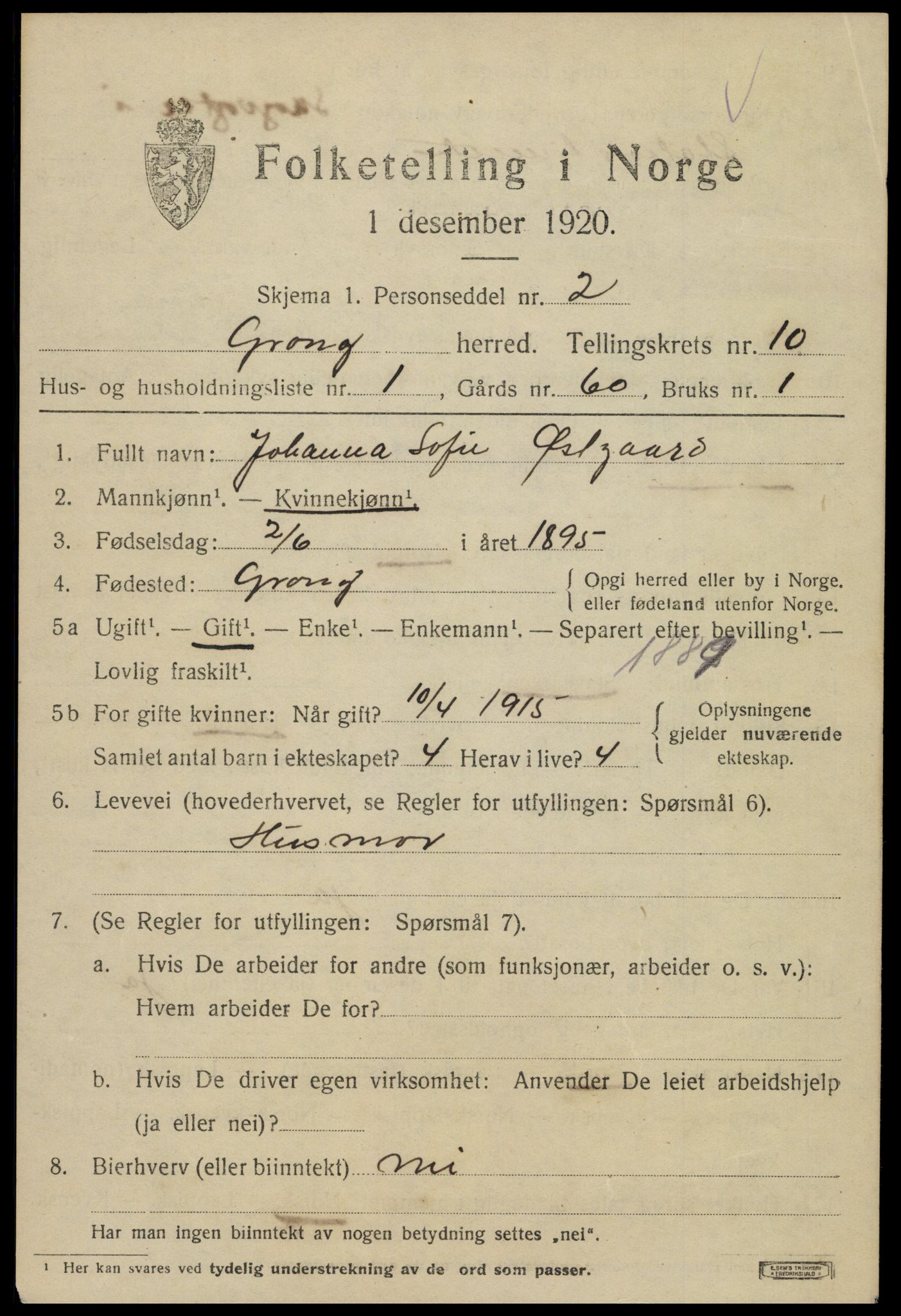 SAT, 1920 census for Grong, 1920, p. 5587