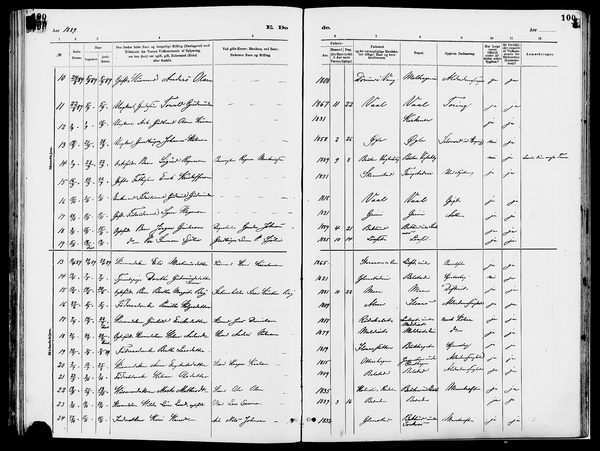 Åmot prestekontor, Hedmark, AV/SAH-PREST-056/H/Ha/Haa/L0010: Parish register (official) no. 10, 1884-1889, p. 100