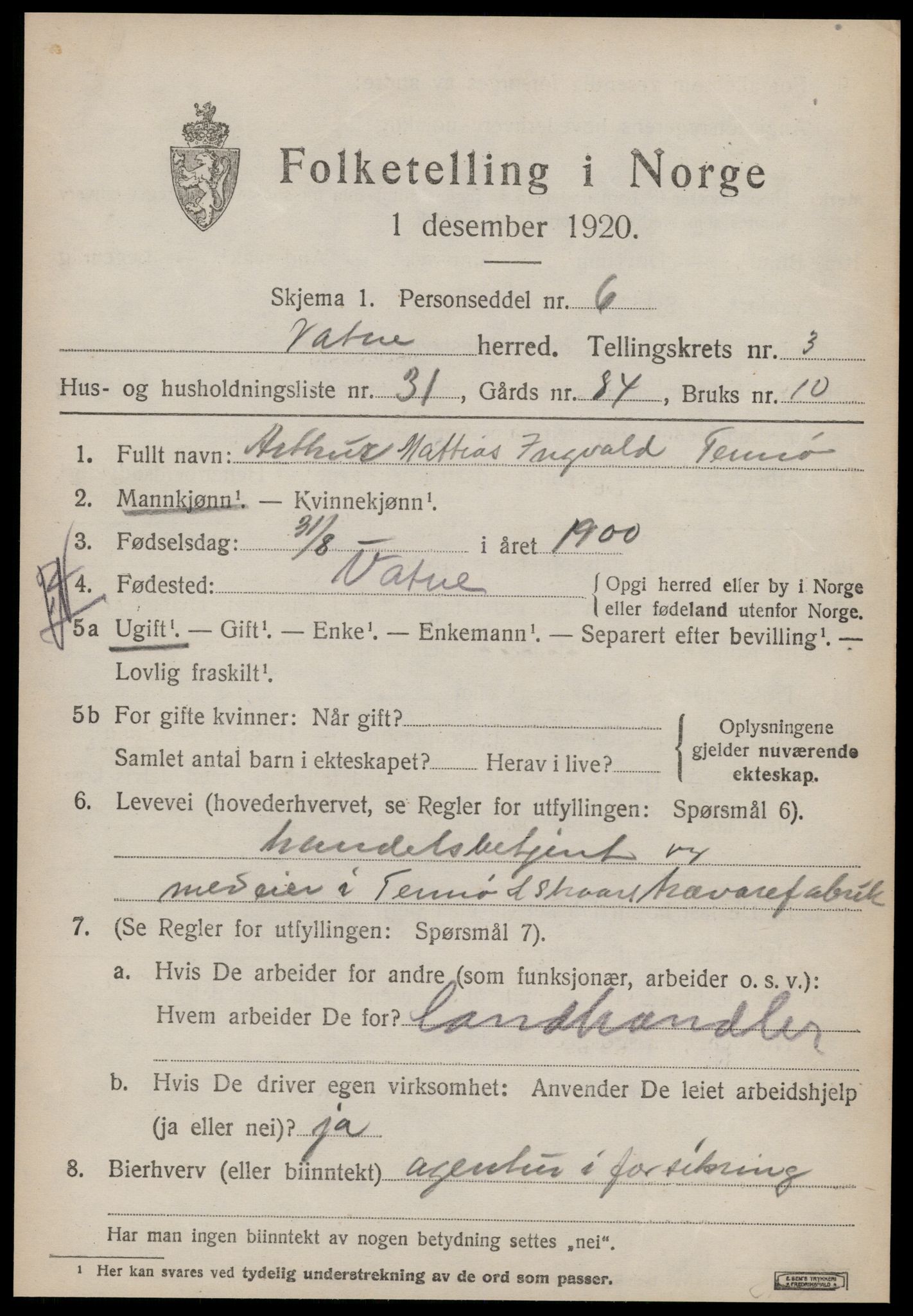 SAT, 1920 census for Vatne, 1920, p. 1780