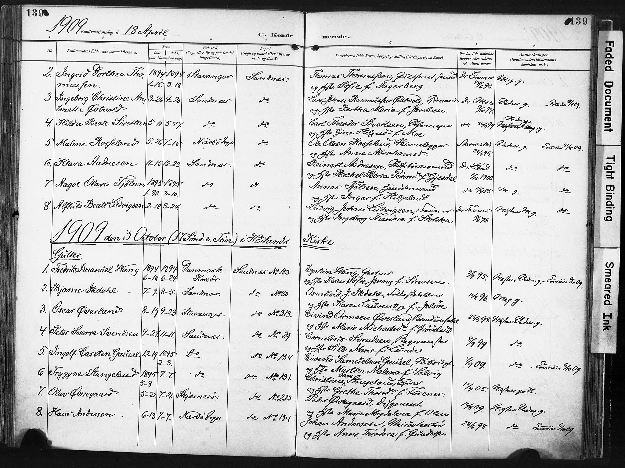 Høyland sokneprestkontor, AV/SAST-A-101799/001/30BA/L0016: Parish register (official) no. A 16, 1899-1911, p. 139