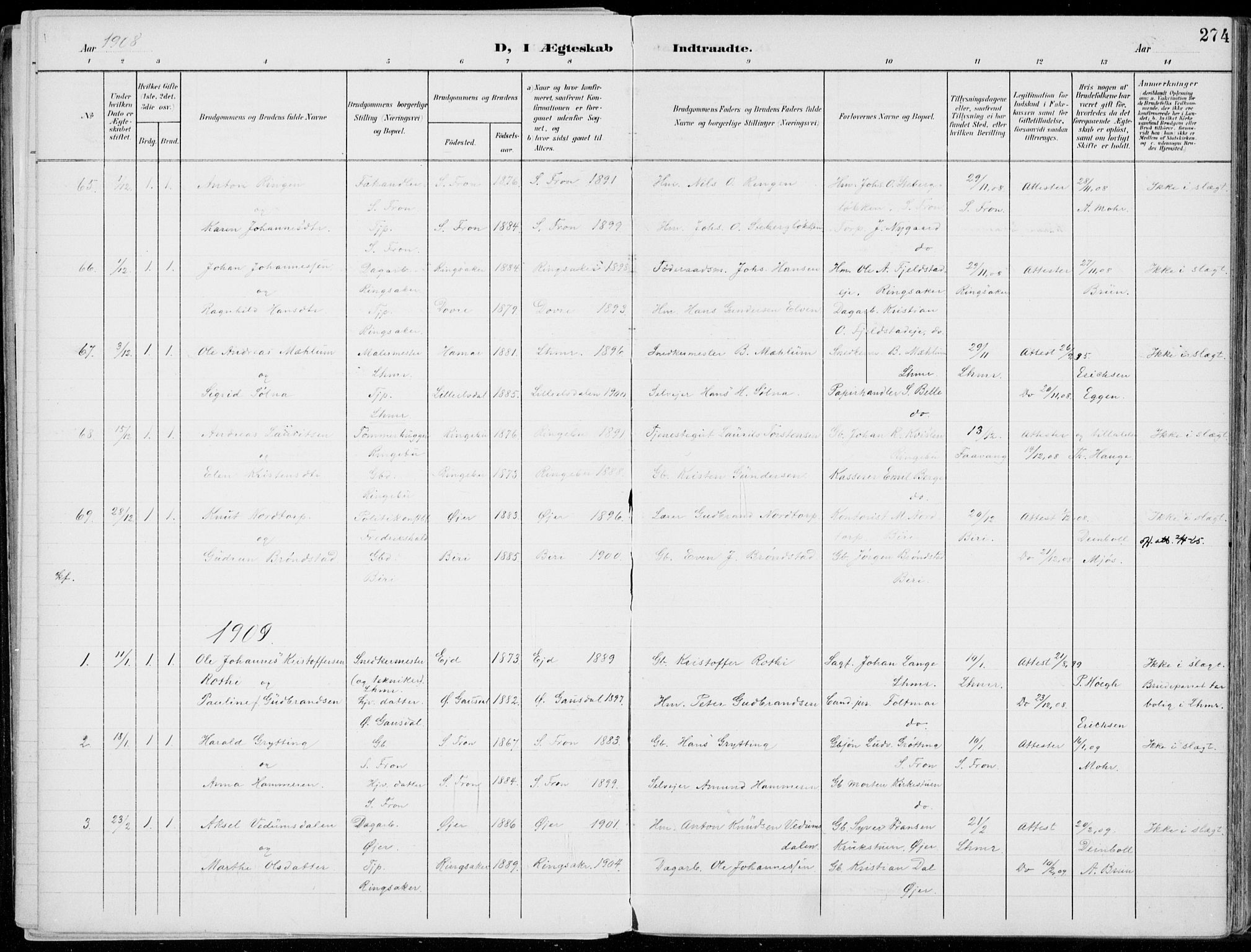 Lillehammer prestekontor, SAH/PREST-088/H/Ha/Haa/L0001: Parish register (official) no. 1, 1901-1916, p. 274