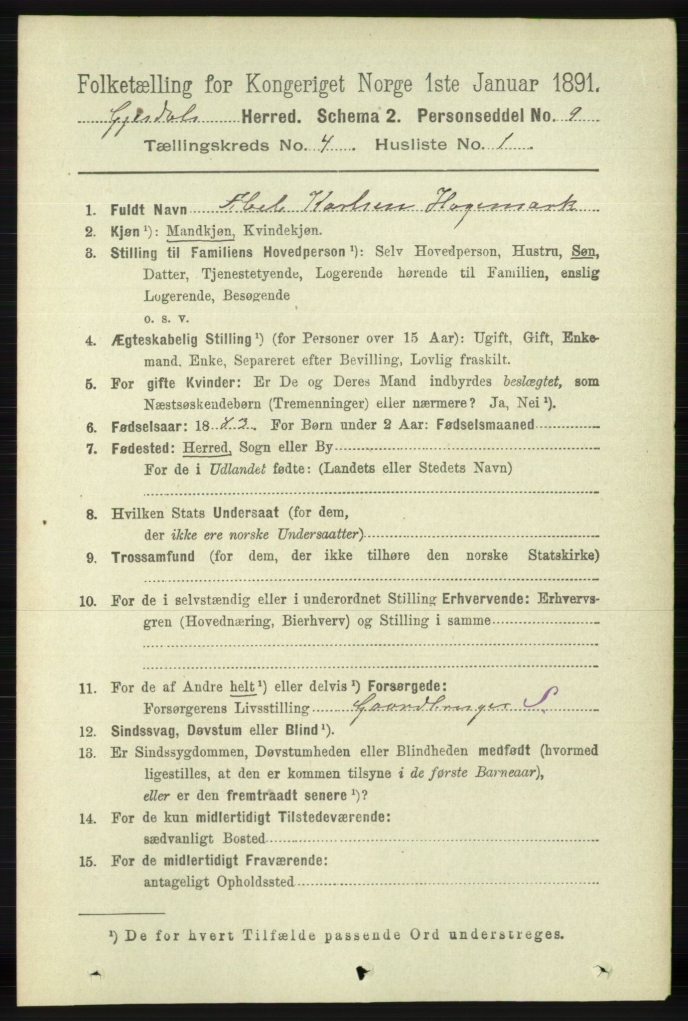 RA, 1891 census for 1122 Gjesdal, 1891, p. 1190