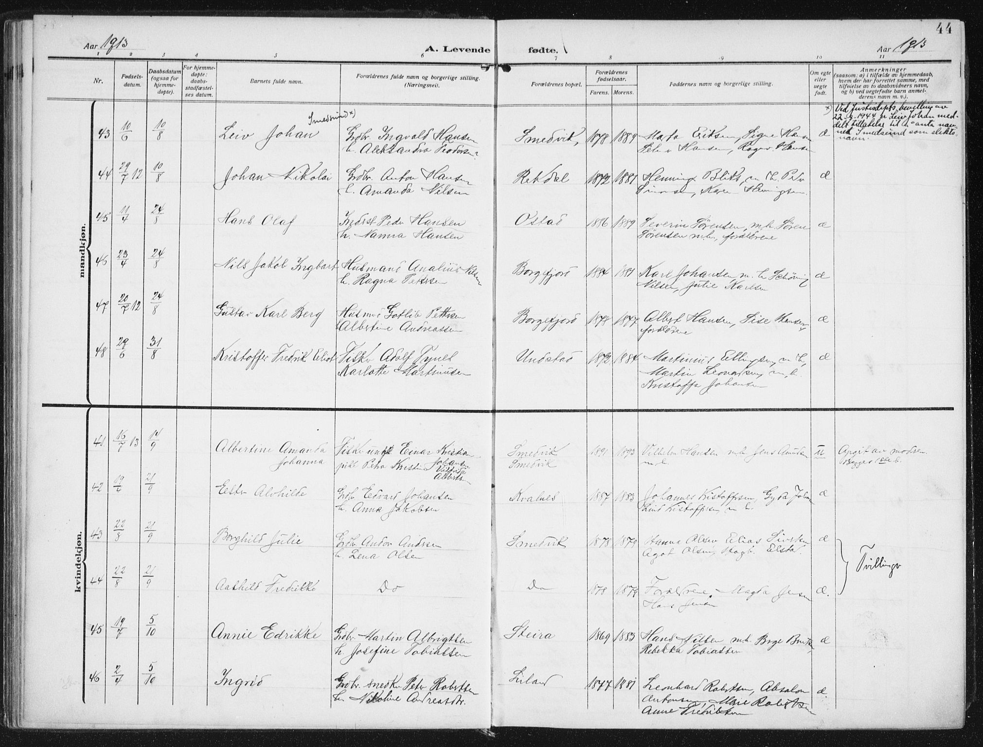 Ministerialprotokoller, klokkerbøker og fødselsregistre - Nordland, AV/SAT-A-1459/880/L1135: Parish register (official) no. 880A09, 1908-1919, p. 44