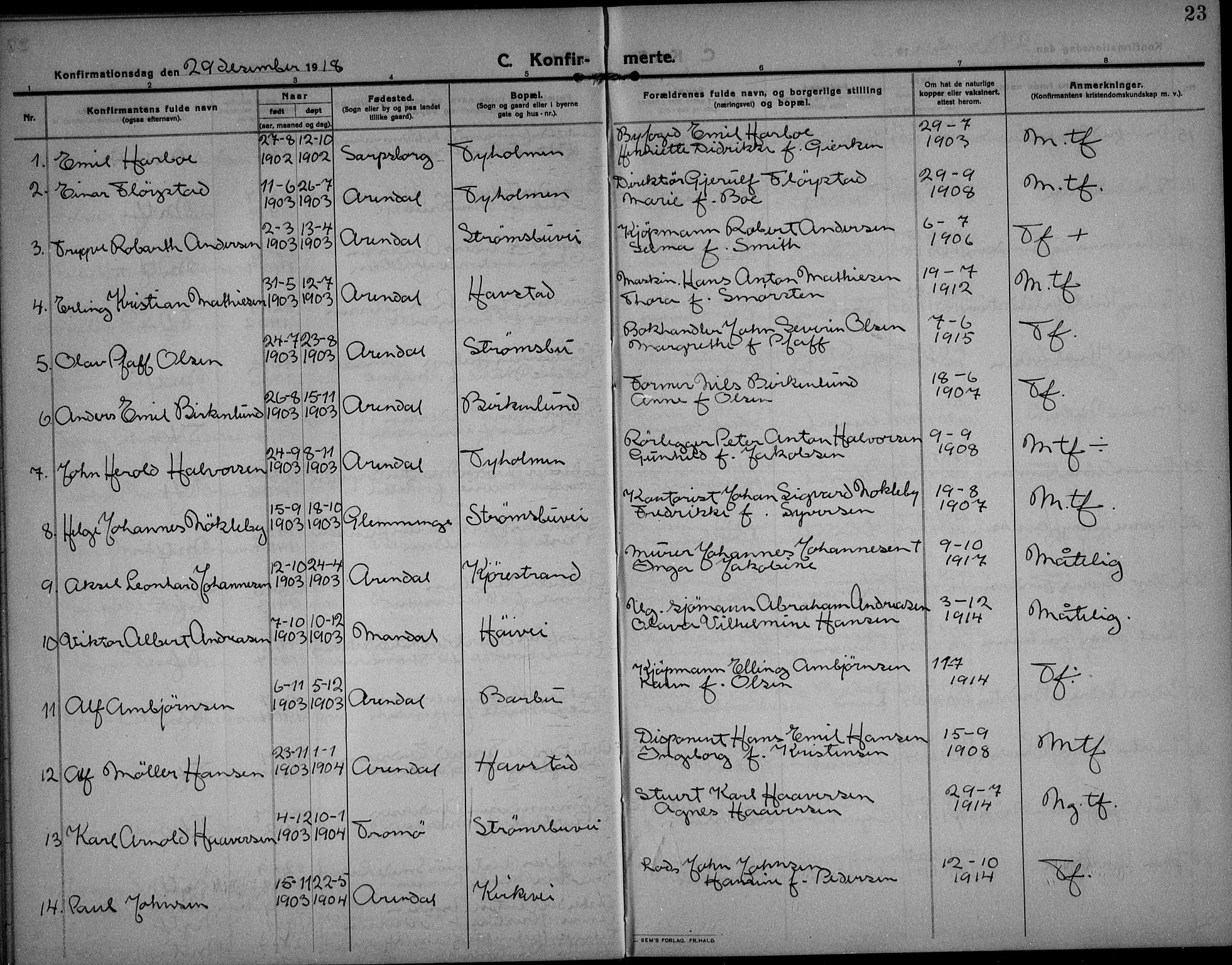 Barbu sokneprestkontor, AV/SAK-1111-0003/F/Fb/L0004: Parish register (copy) no. B 4, 1911-1936, p. 23