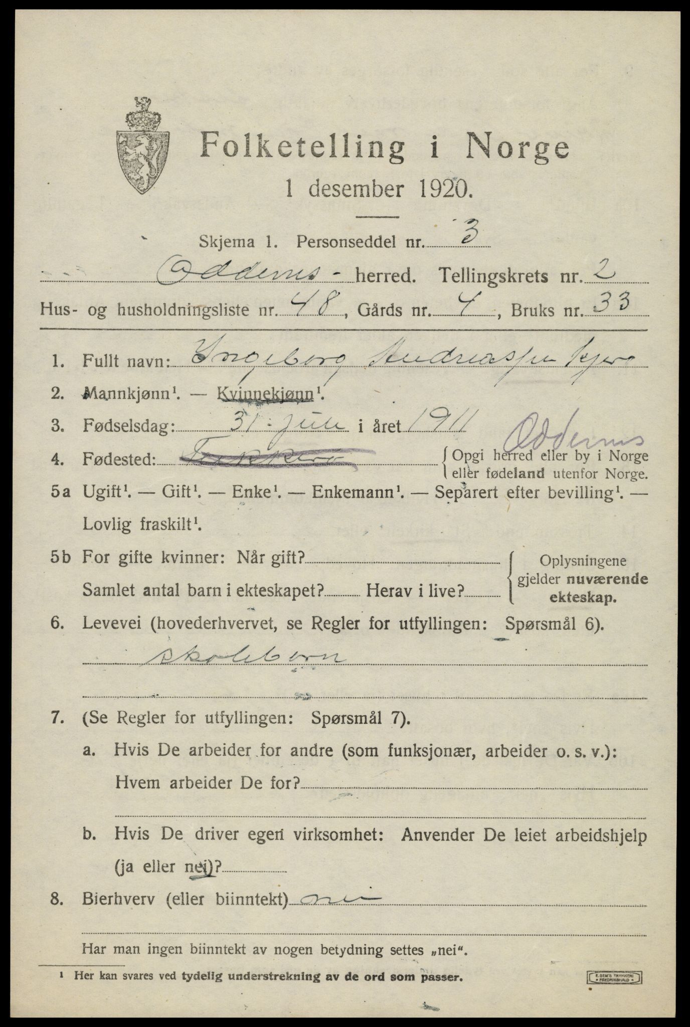 SAK, 1920 census for Oddernes, 1920, p. 3319