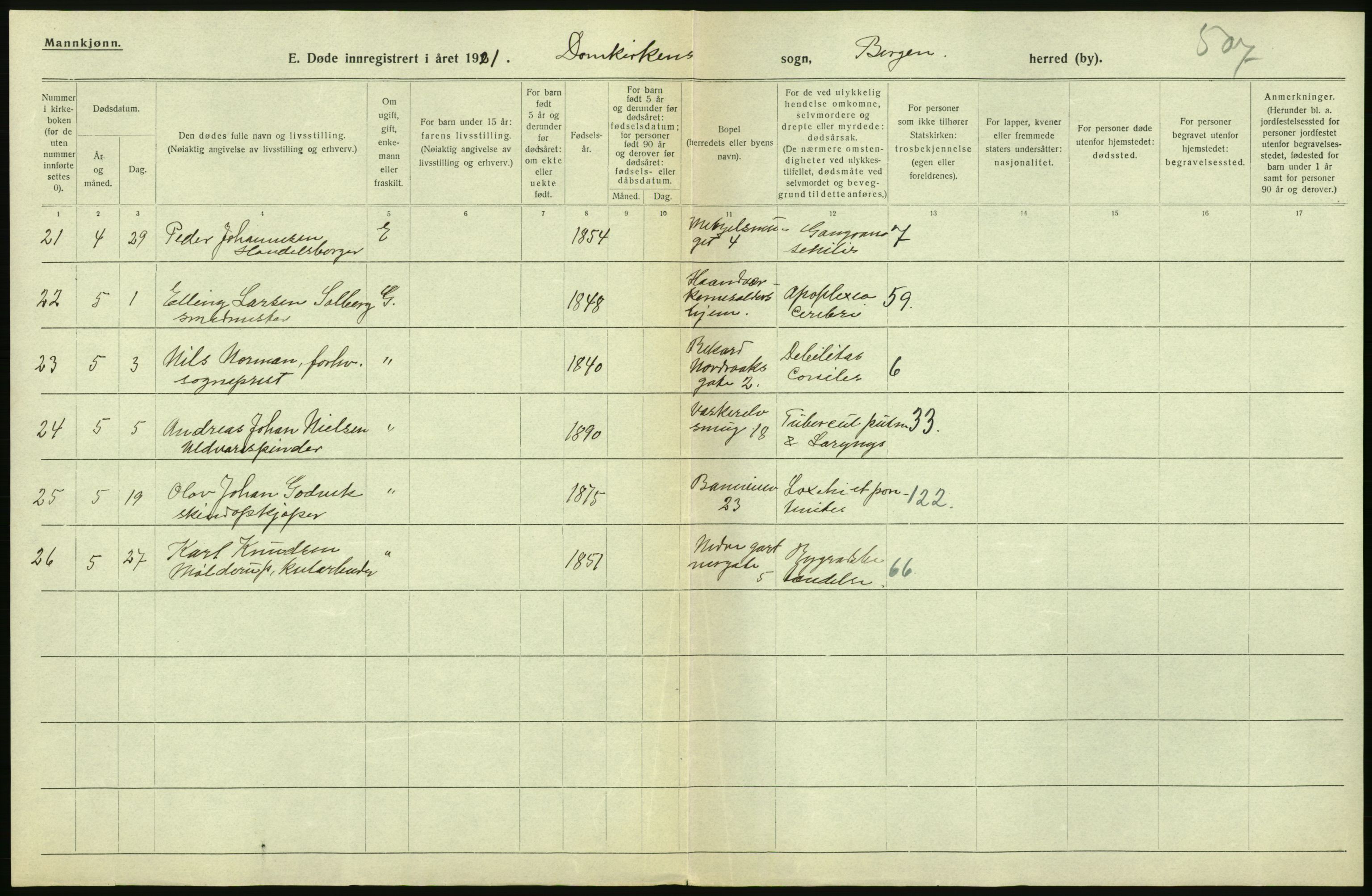 Statistisk sentralbyrå, Sosiodemografiske emner, Befolkning, AV/RA-S-2228/D/Df/Dfc/Dfca/L0036: Bergen: Døde., 1921, p. 10