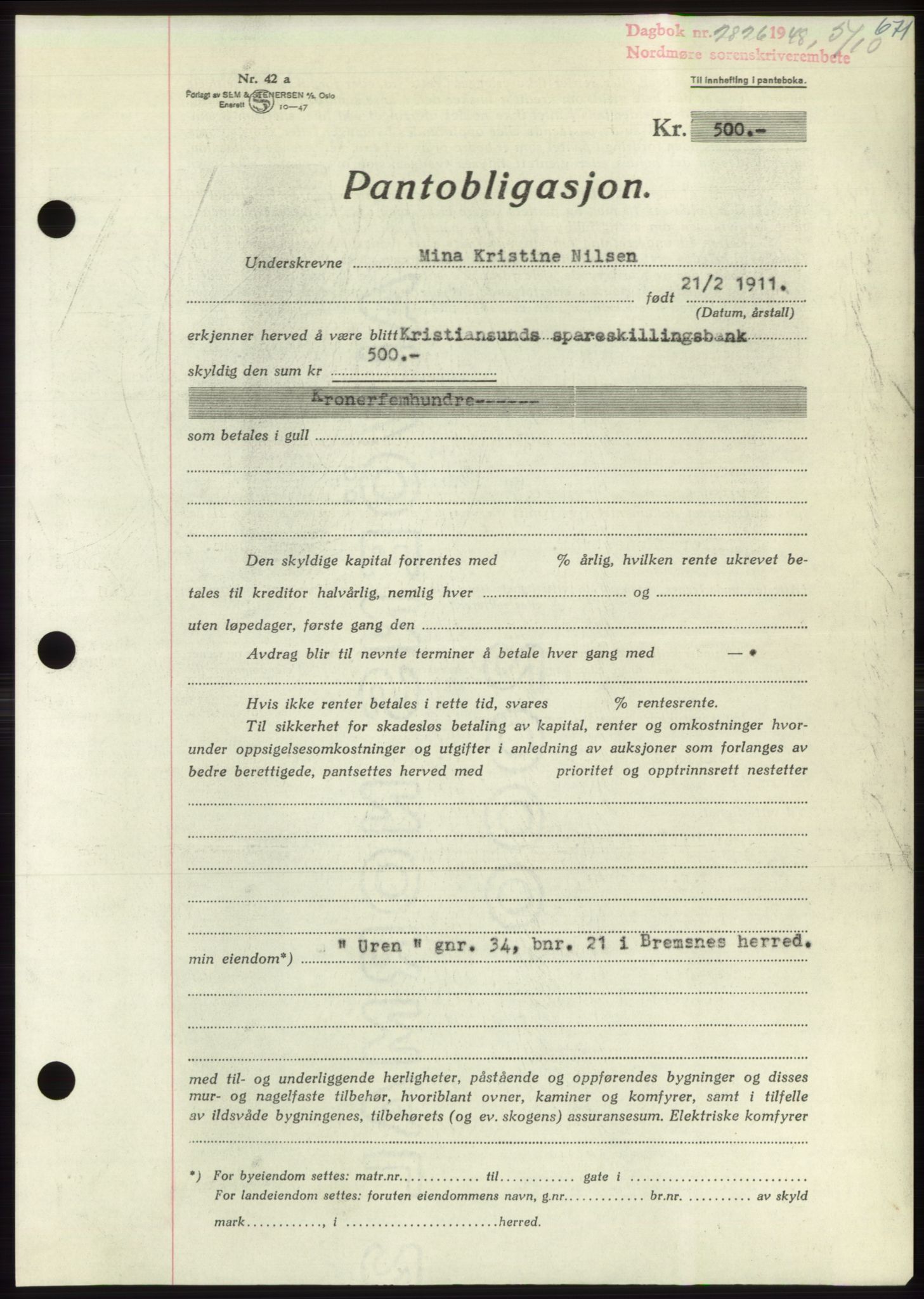 Nordmøre sorenskriveri, AV/SAT-A-4132/1/2/2Ca: Mortgage book no. B99, 1948-1948, Diary no: : 2826/1948