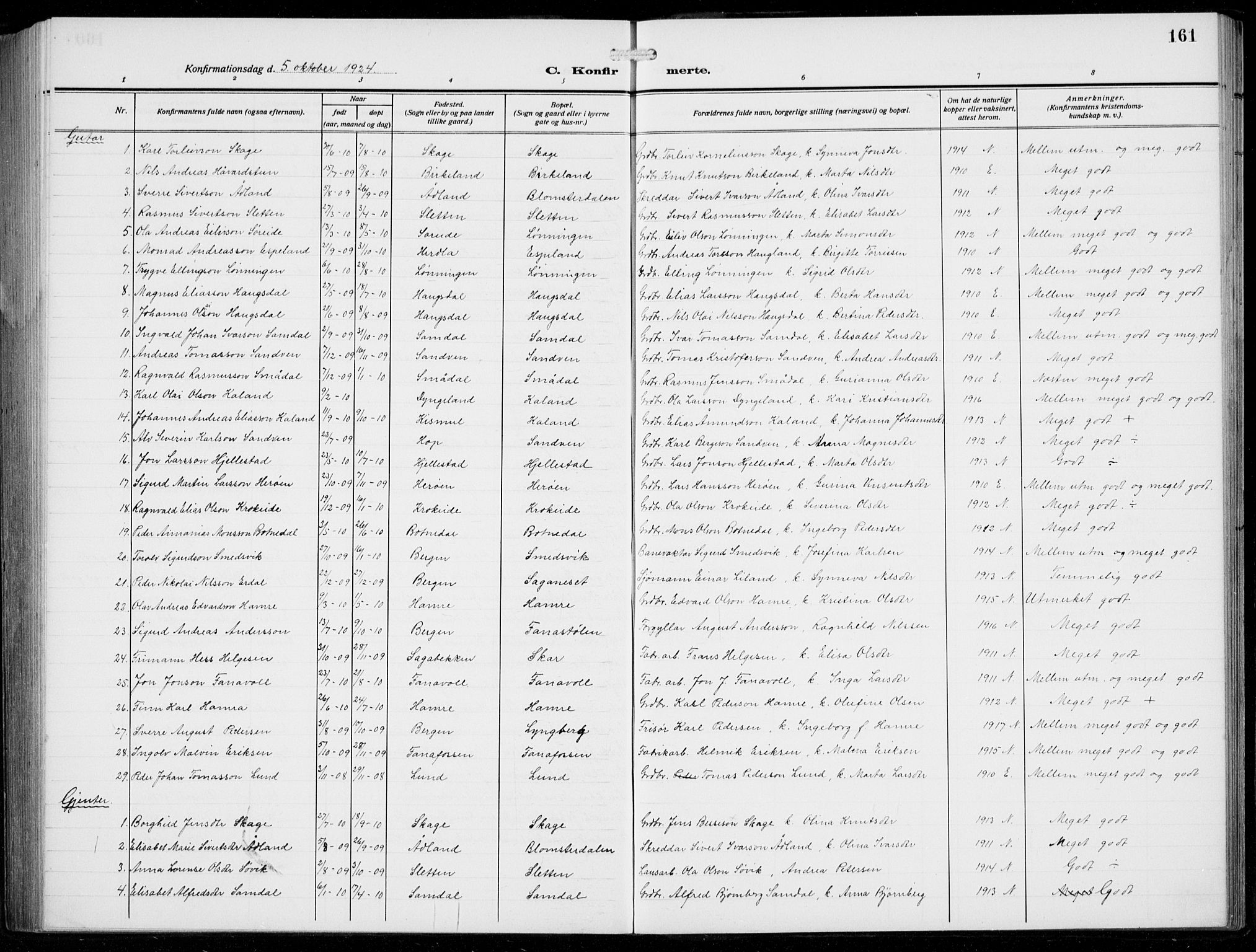 Fana Sokneprestembete, AV/SAB-A-75101/H/Hab/Haba/L0005: Parish register (copy) no. A 5, 1911-1932, p. 161