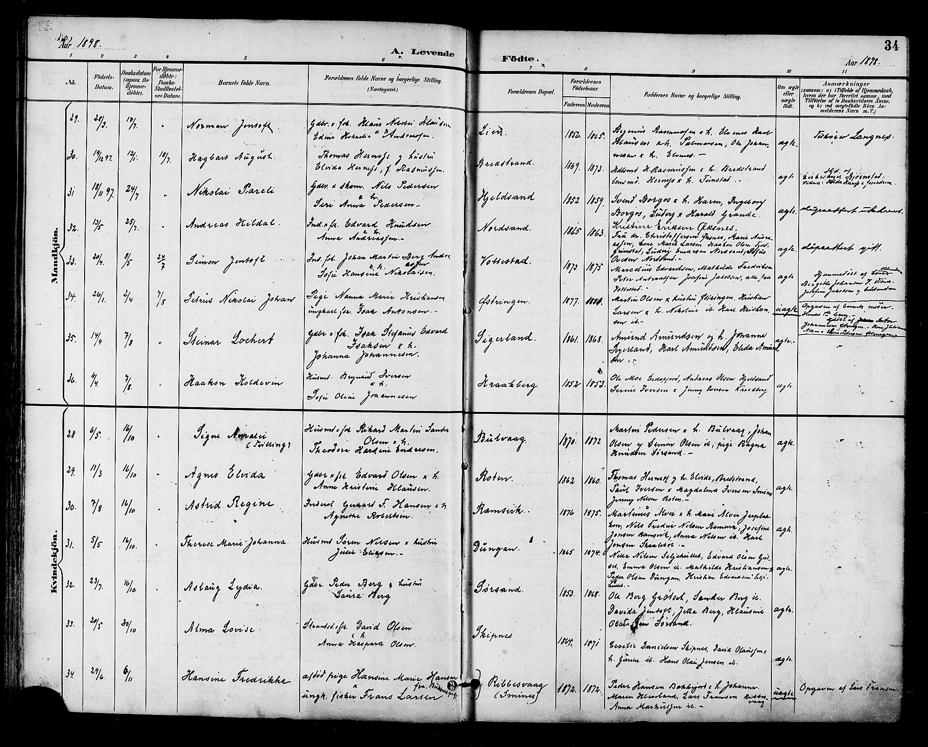 Ministerialprotokoller, klokkerbøker og fødselsregistre - Nordland, AV/SAT-A-1459/893/L1338: Parish register (official) no. 893A10, 1894-1903, p. 34