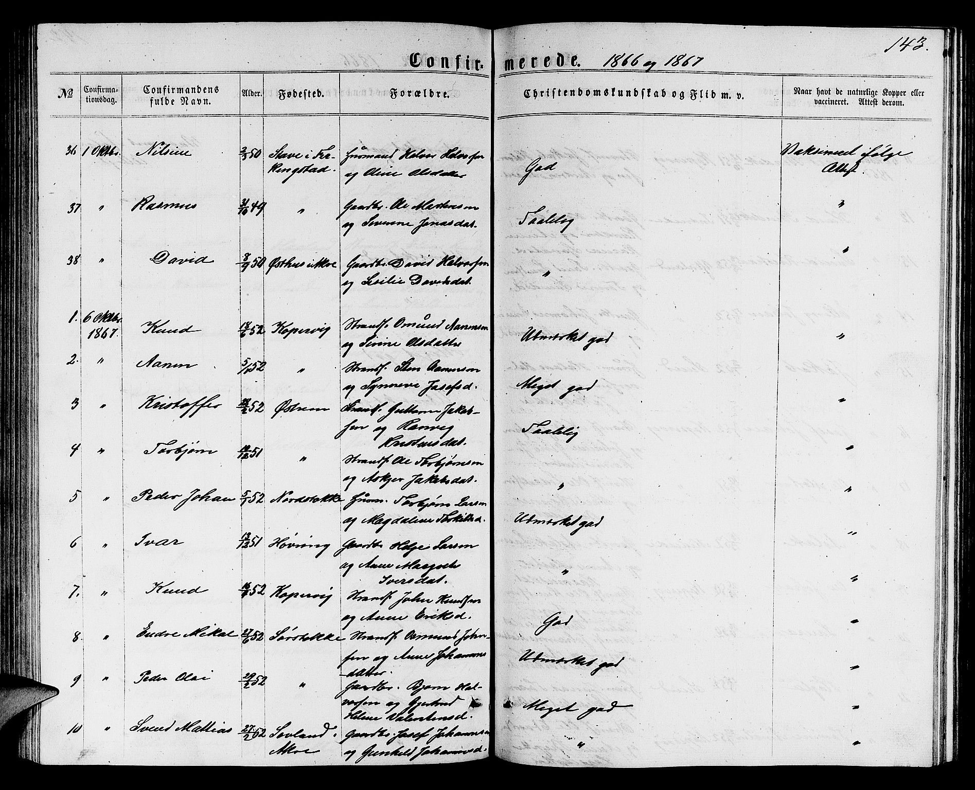 Avaldsnes sokneprestkontor, SAST/A -101851/H/Ha/Hab/L0004: Parish register (copy) no. B 4, 1861-1876, p. 143