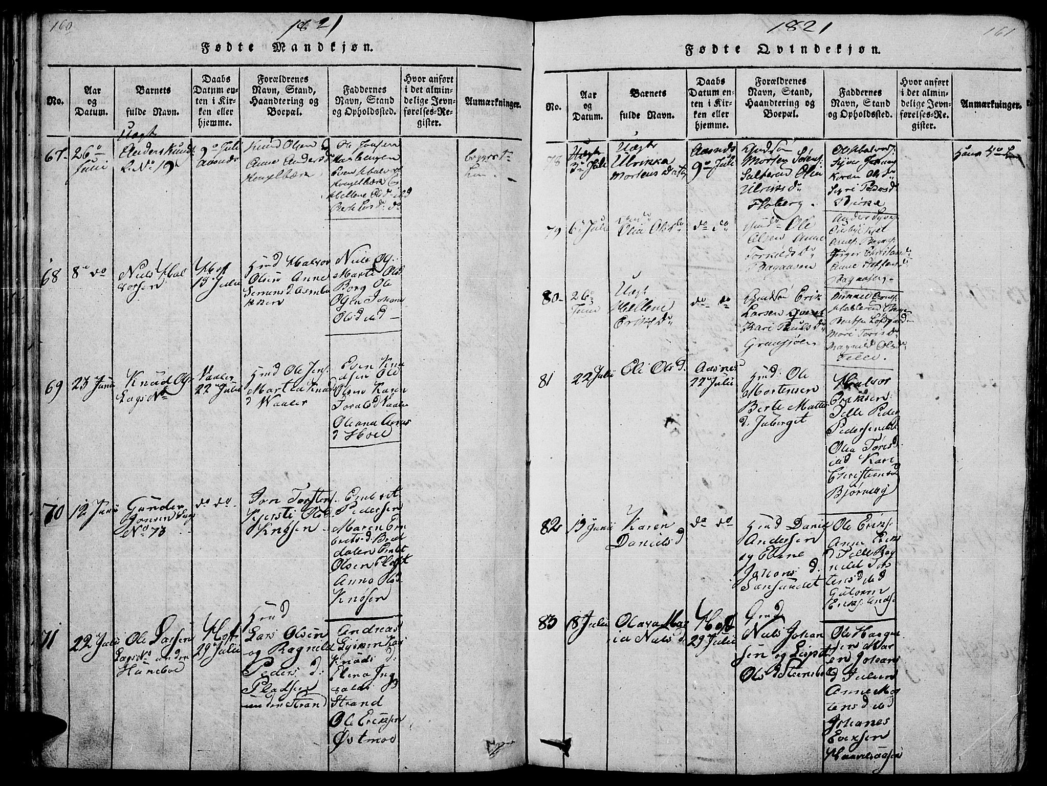 Hof prestekontor, SAH/PREST-038/H/Ha/Haa/L0005: Parish register (official) no. 5, 1816-1822, p. 160-161