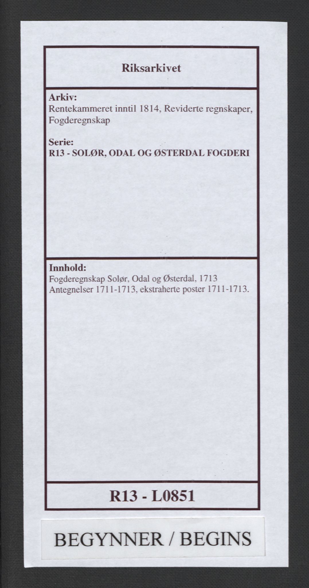 Rentekammeret inntil 1814, Reviderte regnskaper, Fogderegnskap, AV/RA-EA-4092/R13/L0851: Fogderegnskap Solør, Odal og Østerdal, 1711-1713, p. 1