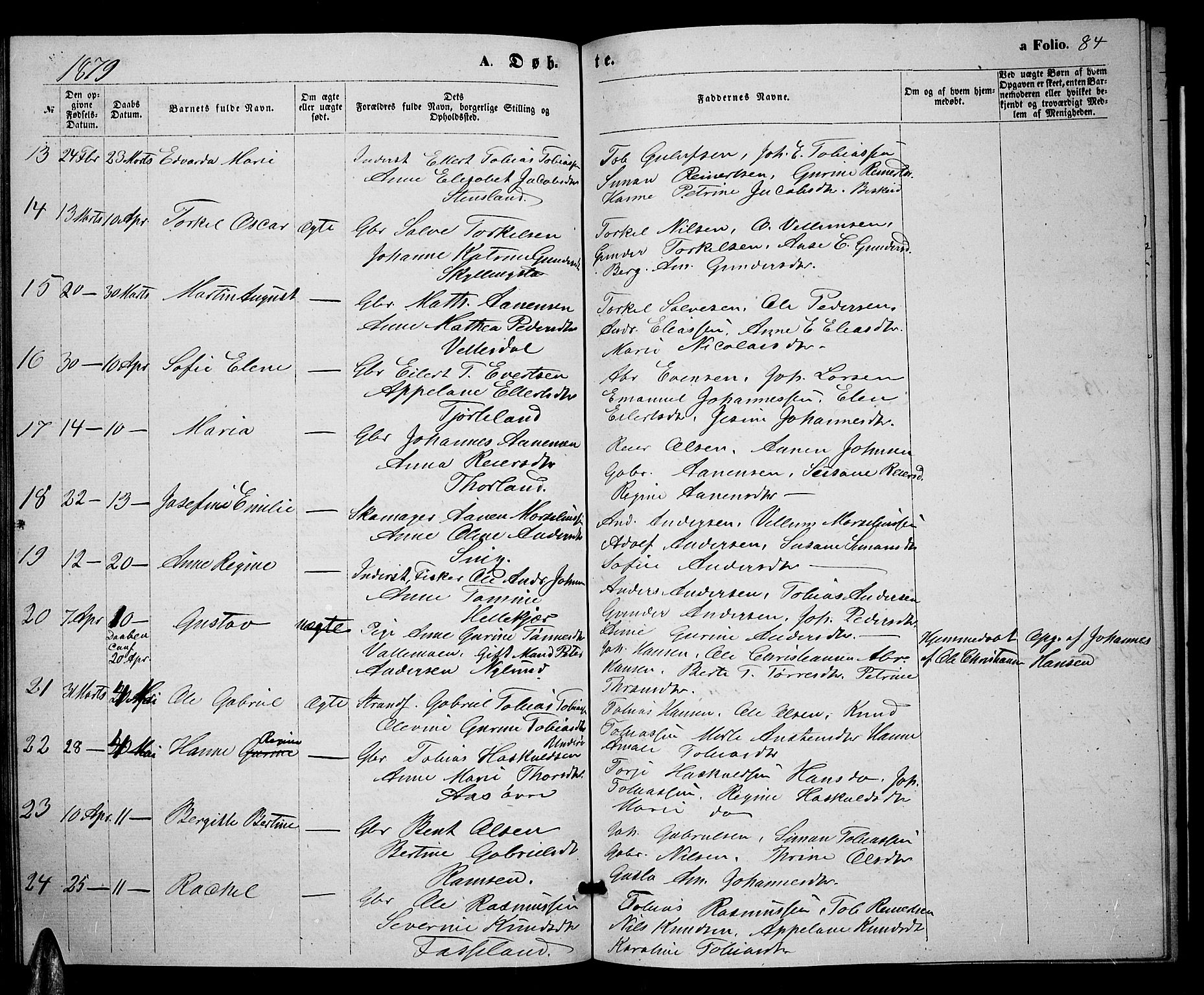 Sør-Audnedal sokneprestkontor, SAK/1111-0039/F/Fb/Fbb/L0004: Parish register (copy) no. B 4, 1868-1879, p. 84