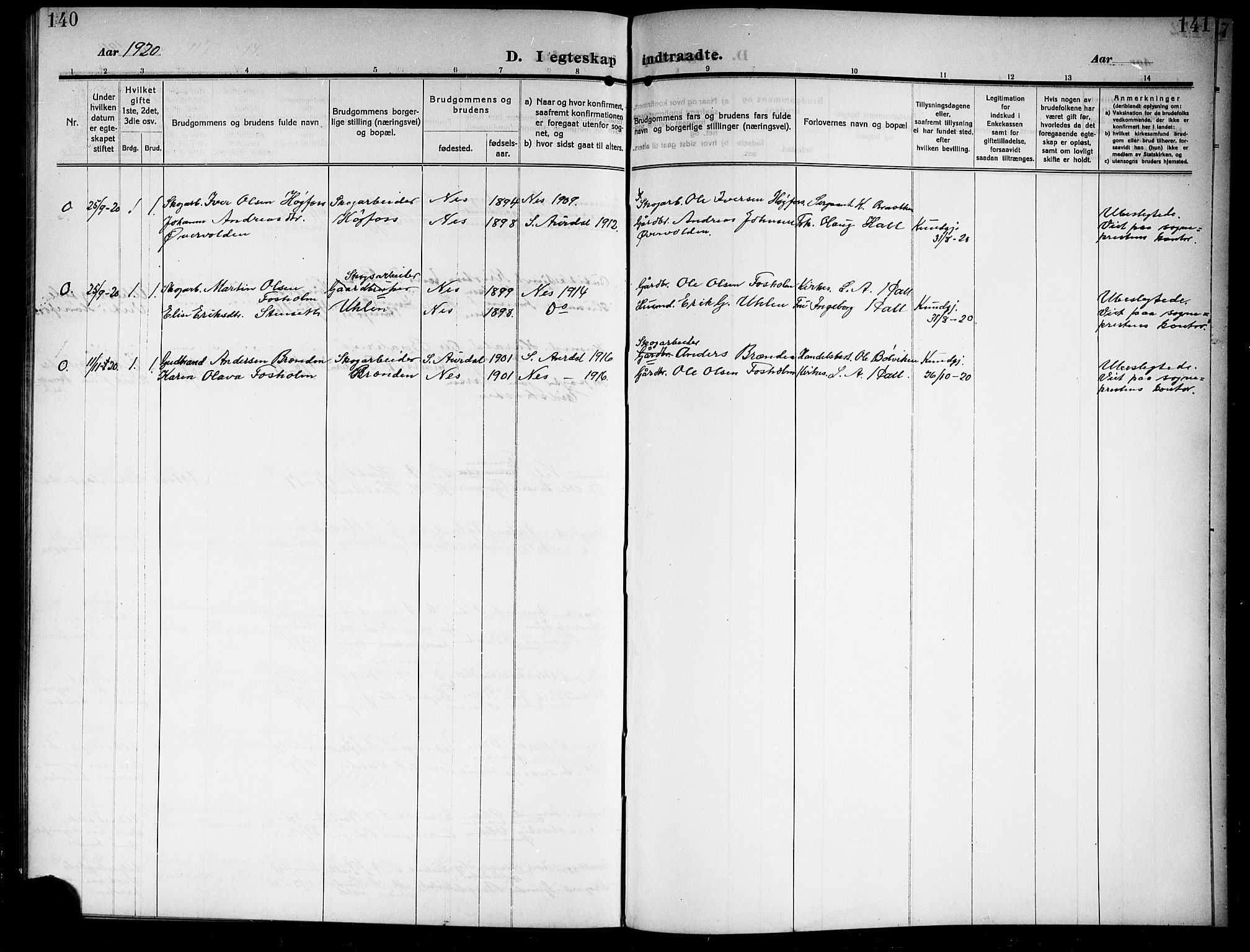 Ådal kirkebøker, AV/SAKO-A-248/G/Gb/L0002: Parish register (copy) no. II 2, 1909-1920, p. 140-141