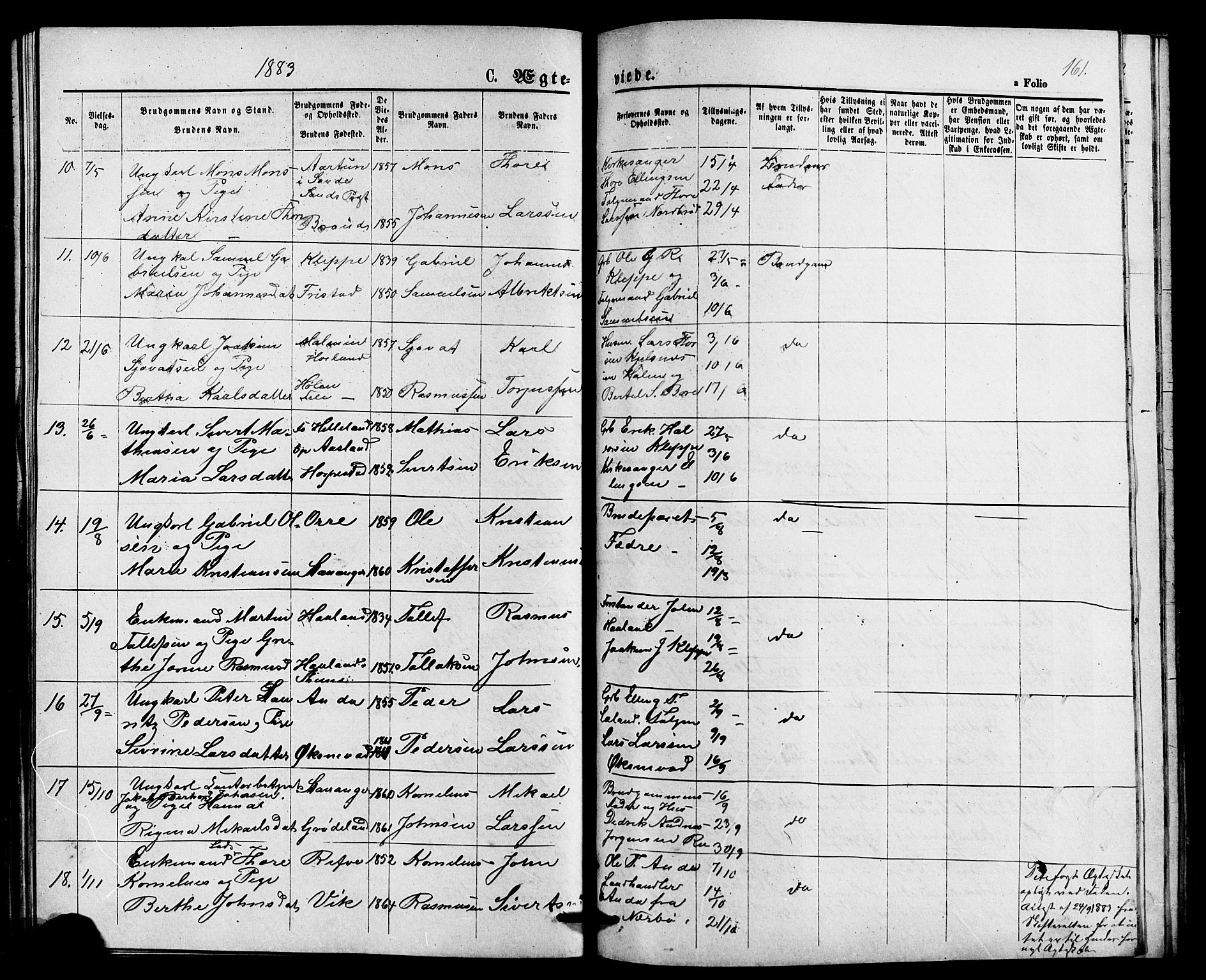 Klepp sokneprestkontor, AV/SAST-A-101803/001/3/30BB/L0003: Parish register (copy) no. B 3, 1876-1888, p. 161