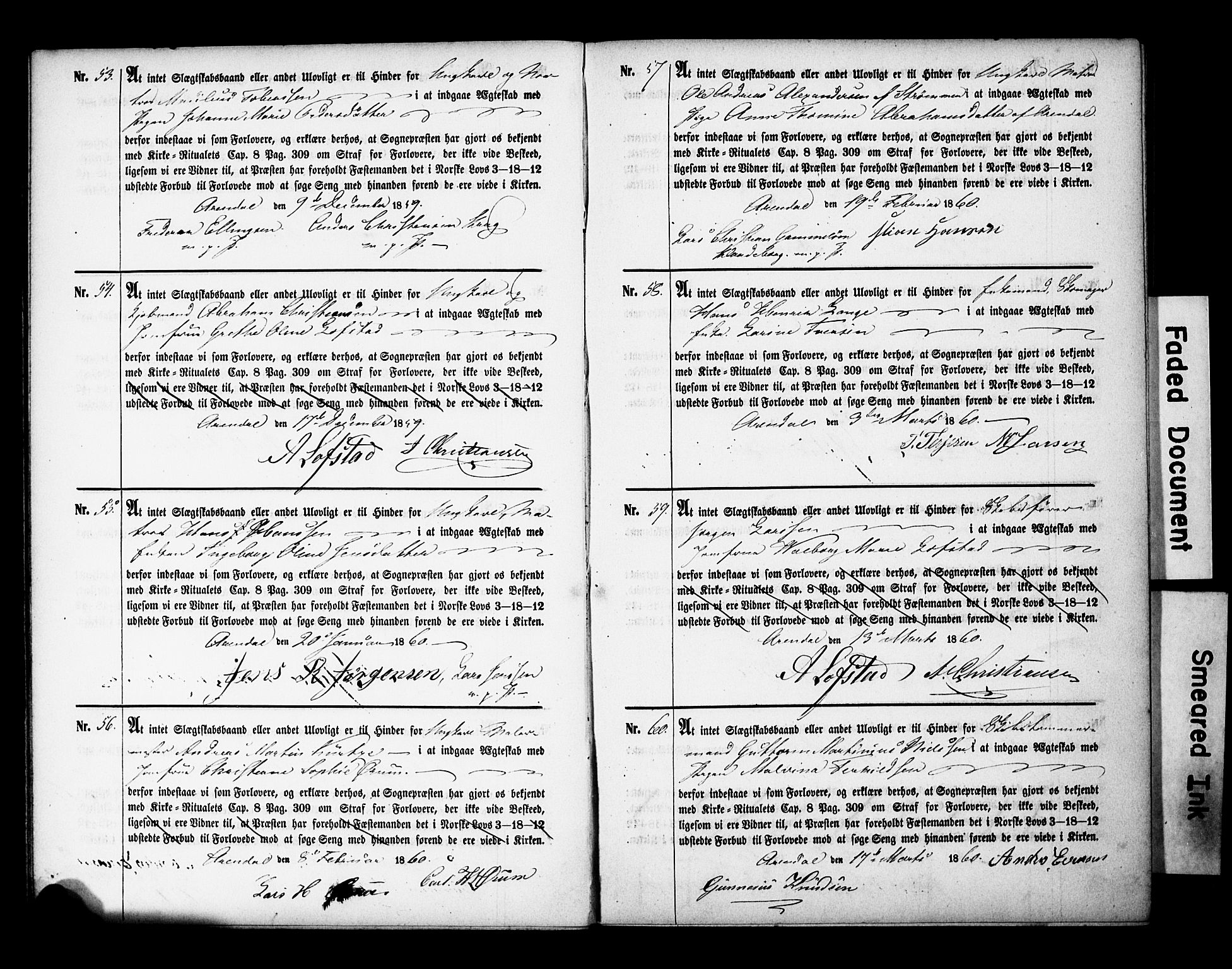 Arendal sokneprestkontor, Trefoldighet, AV/SAK-1111-0040/F/Fe/L0001: Best man's statements no. A VI 1, 1857-1875
