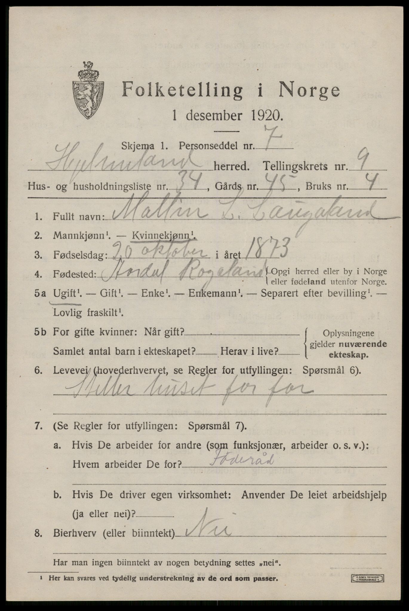 SAST, 1920 census for Hjelmeland, 1920, p. 3111