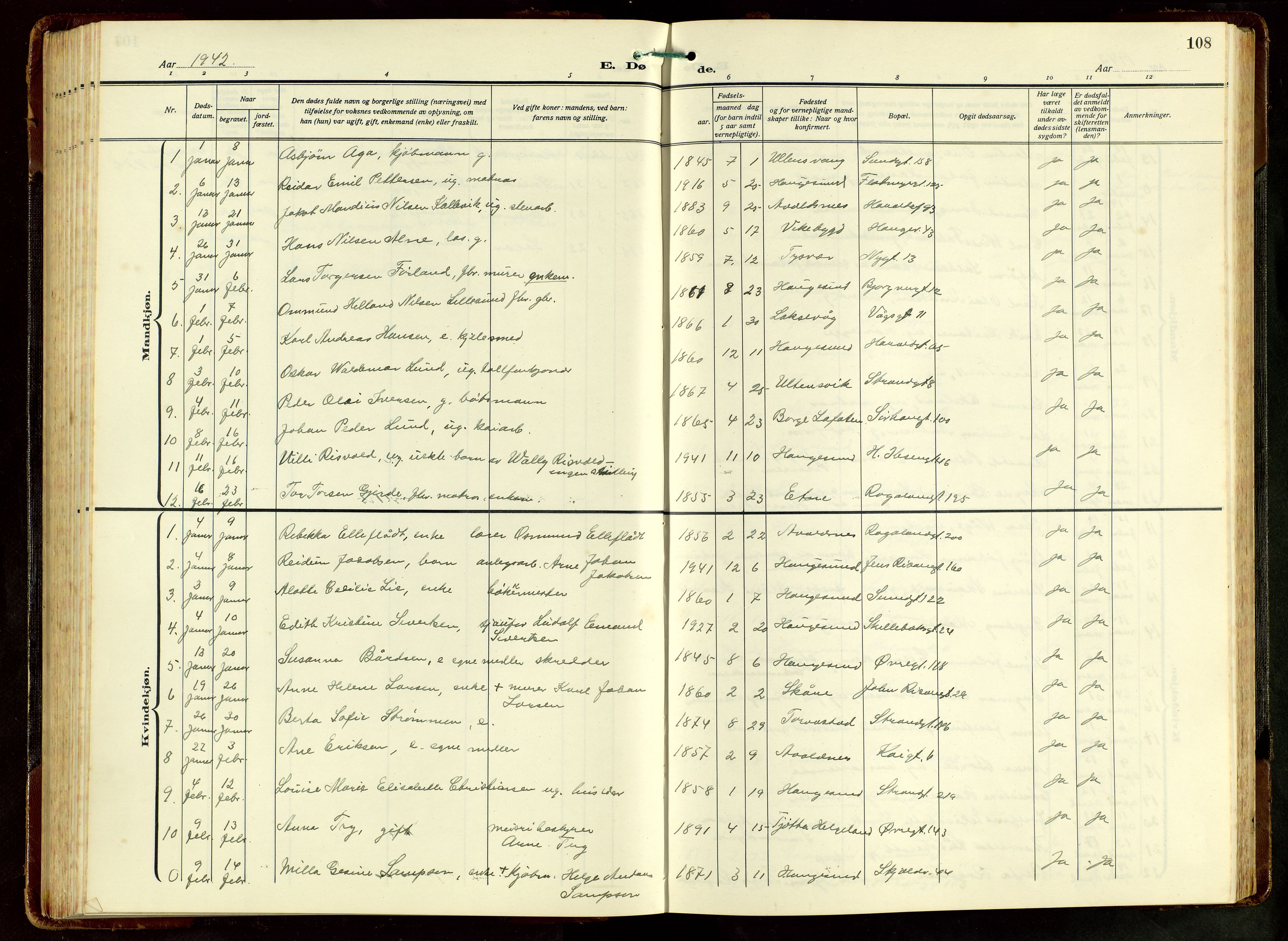 Haugesund sokneprestkontor, SAST/A -101863/H/Ha/Hab/L0012: Parish register (copy) no. B 12, 1930-1958, p. 108